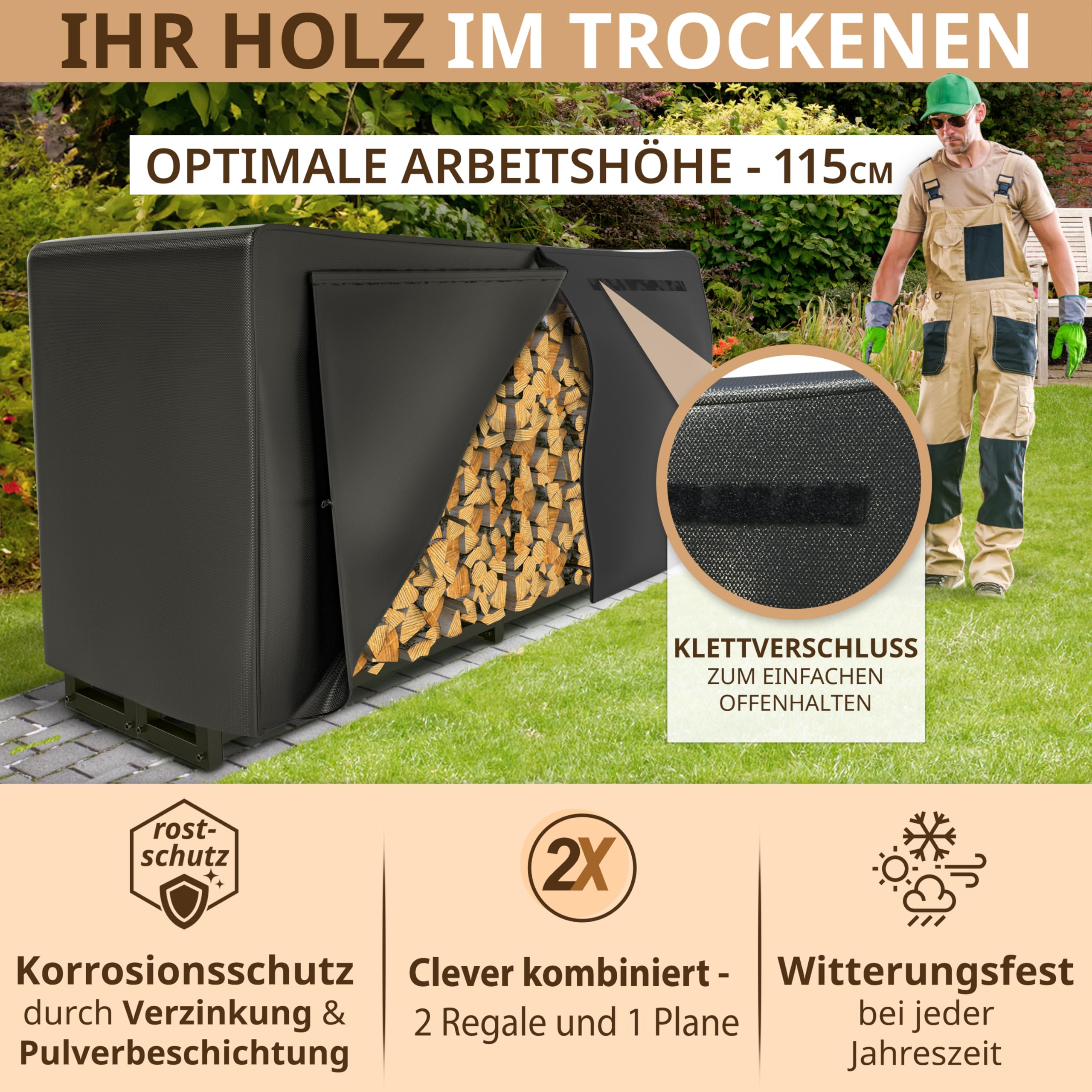 Kaminholzregal aussen Metall 2 Stück 223 × 115 x 25cm I = 50cm tief I verzinkt mit 1x 61cm Abdeckplane – Kaminholz Regal Holzunterstand draußen Stapelhilfe für Brennholz Garten I Terrasse schwarz | 223 × 115 × 25 cm, Schutzhülle 61 cm, wetterfest, Aufbewa