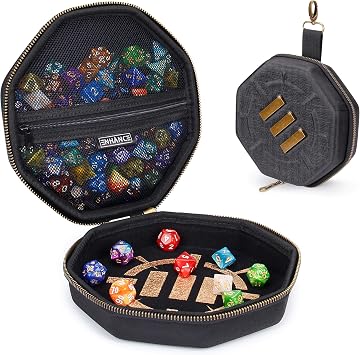 ENHANCE DnD Dice Tray and Case - DnD Dice Holder for up to 150 D&D Dice with Rugged Hard Shell Exterior and Protective Soft Interior - Rolling Tray Perfect for Game Night (Black)