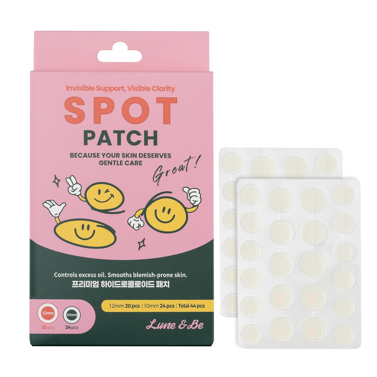 LUNE & BE Hydrocolloid Pimple Patches, 44 Count, 2 Sizes, Invisible