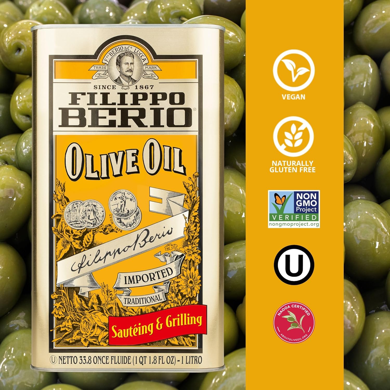 Filippo Berio Pure Olive Oil, 1 Liter Tin (33.8 Ounce)