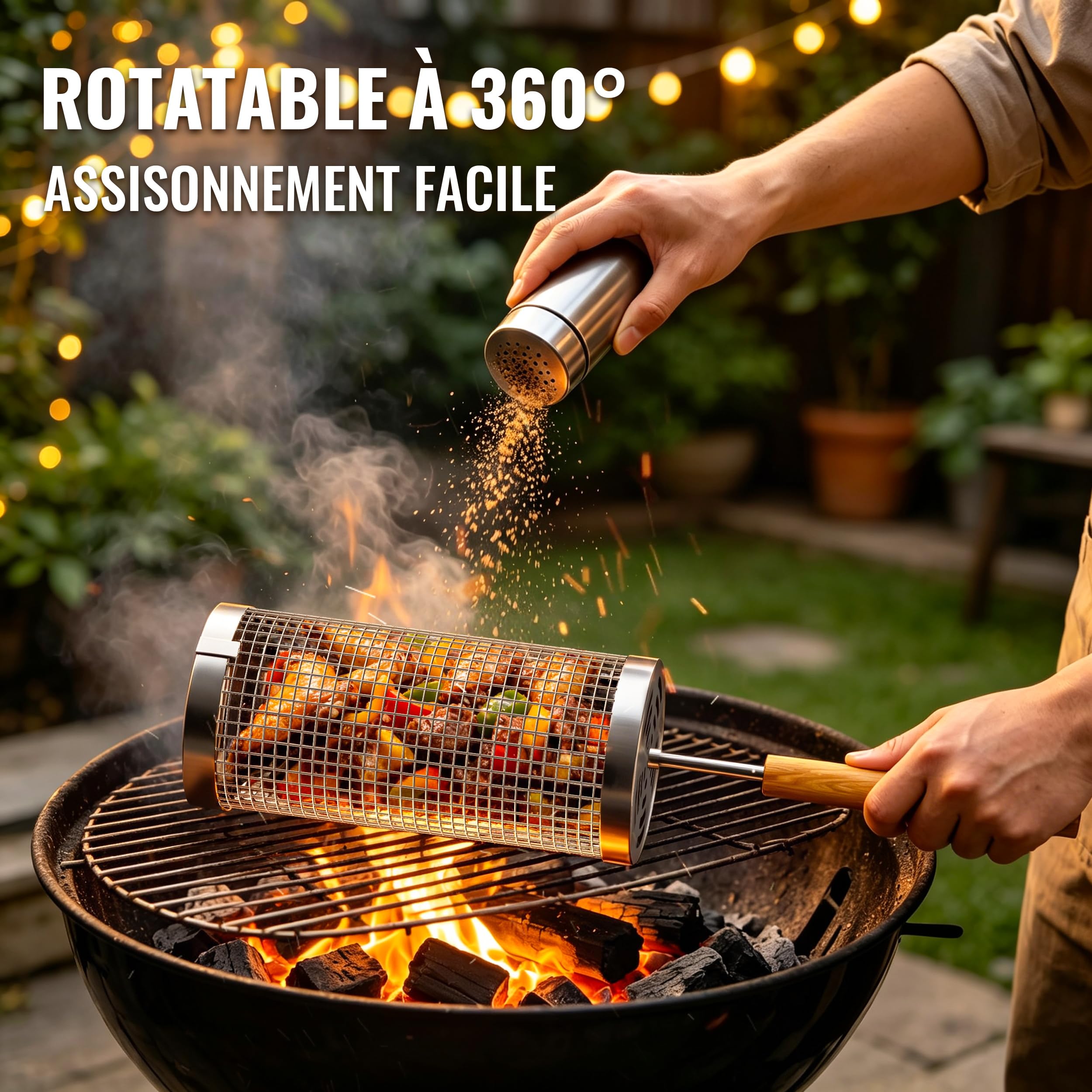 Panier à Barbecue Roulant, 2 Pièces, Acier Inoxydable 304, Poignée Bois Détachable, Accessoire Barbecue, Ustensiles de Cuisine Extérieur Camping, Cadeau Anniversaire Homme Papa Original Utile