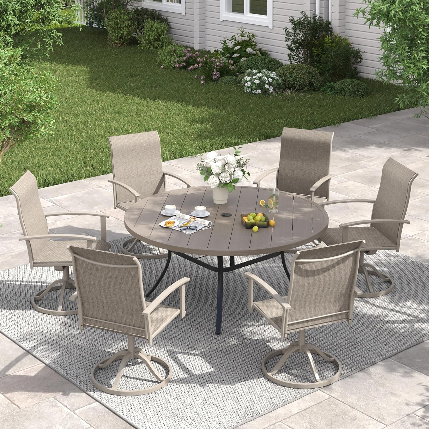 VICLLAX Swivel Patio Chairs Set of 4, High Back Textilene Patio Dining Chairs for Lawn Garden, Sandshell Color Fabric