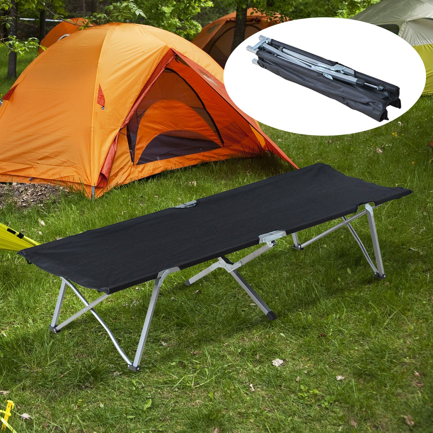 Outsunny Cama de Camping Plegable Cama de Acampada de Tela Oxford 600D con Marco Metálico Carga 136 kg para Playa Senderismo 193x64x40 cm Negro