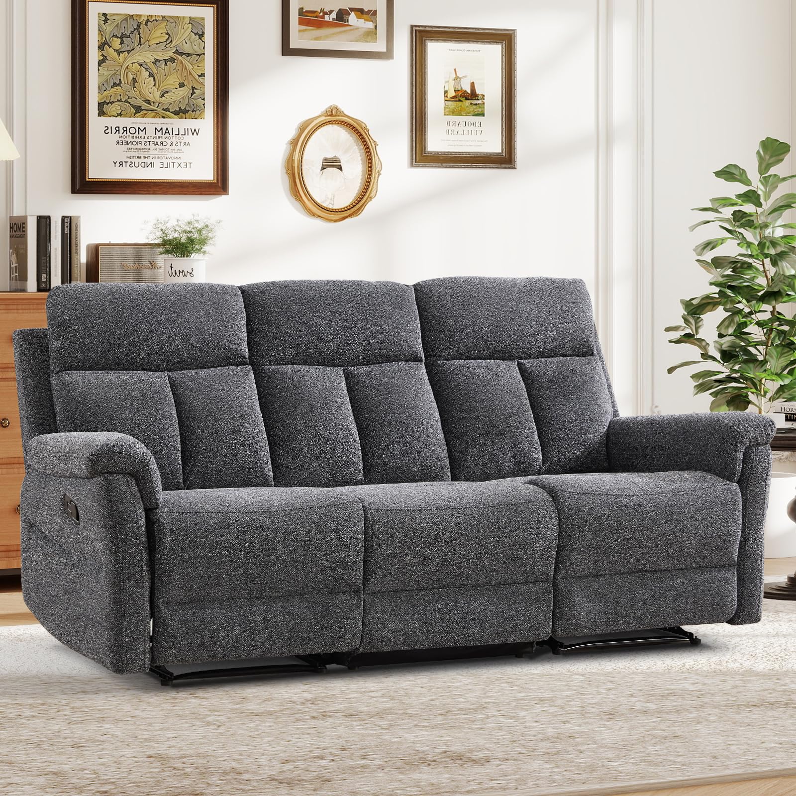 ANJ Manual Reclining Sofa, 3-Seat Recliner Couch with Padded Arms and Supportive Backrest, Comfortable Fabric Reclining Sofas for Living Room, Dark Grey