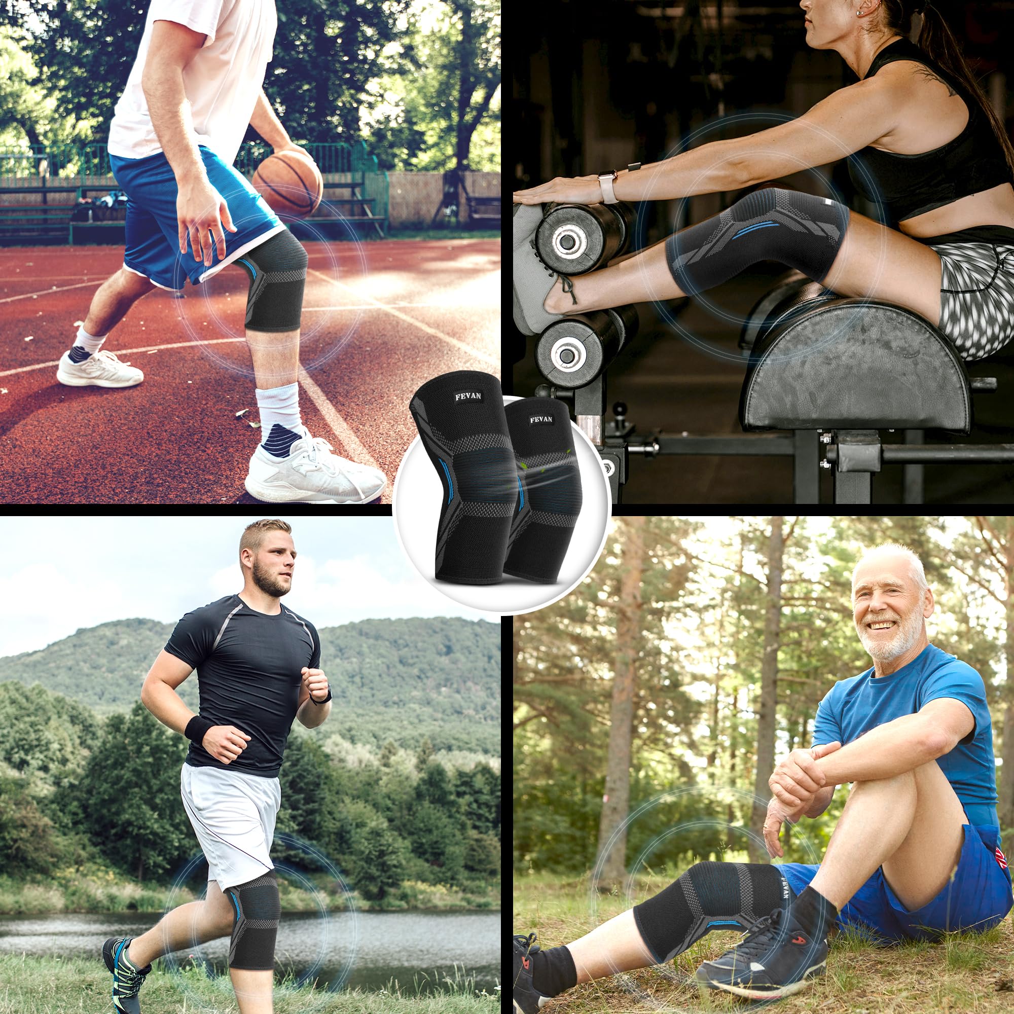 FEVAN Zestaw 2 nakolanników z łąkotką i więzadłem - Pełne ochraniacze na kolana rzepki - Crossfit Nakolanniki - Unisex Neopren Nakolanniki z Silikonem (NIEBIESKI, M)