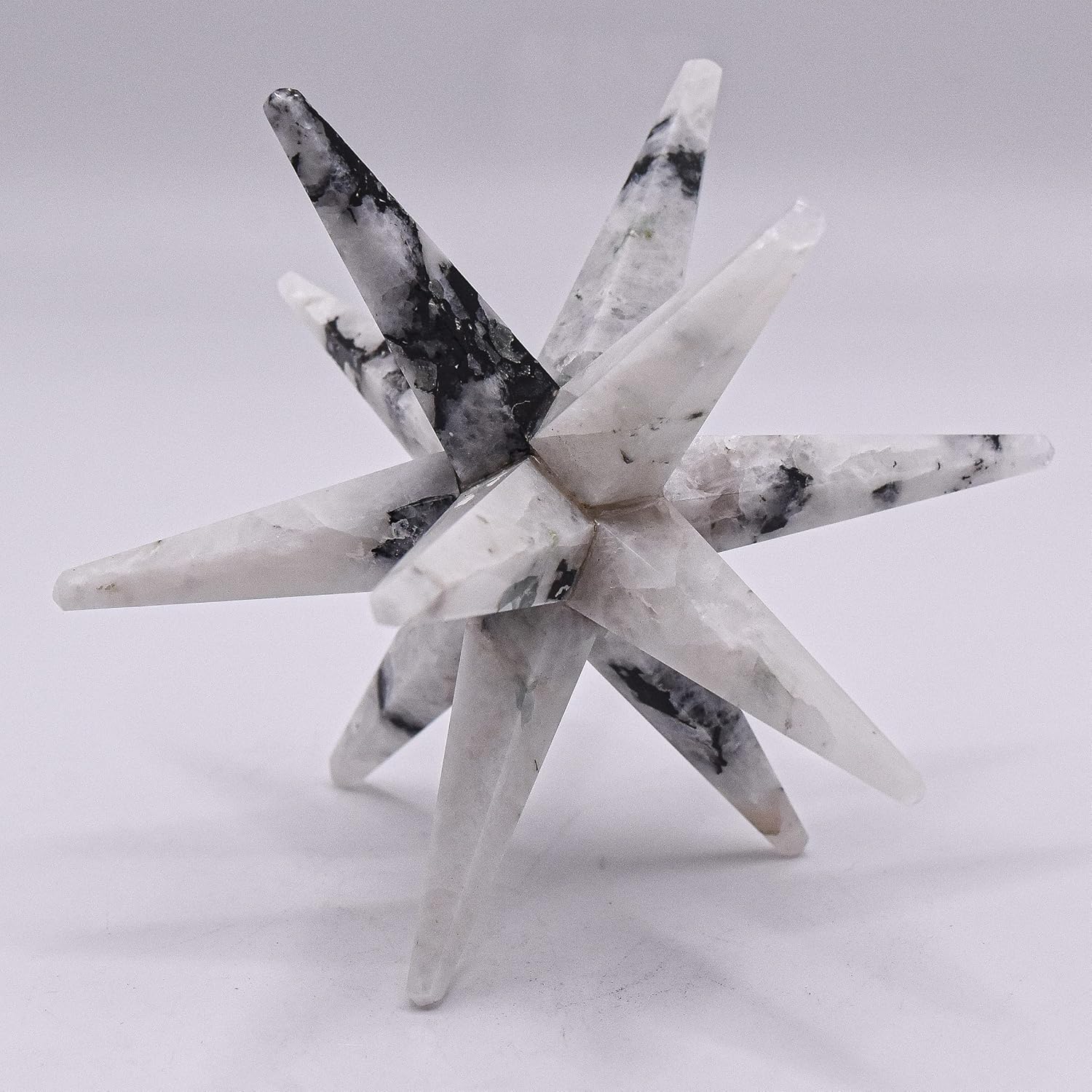 HC Set: 3.2" Rainbow Moonstone 12 Point Merkaba Star Natural Crystal Feldspar Mineral Handcrafted Stone Star - India + One Polished Clear Quartz Cabochon