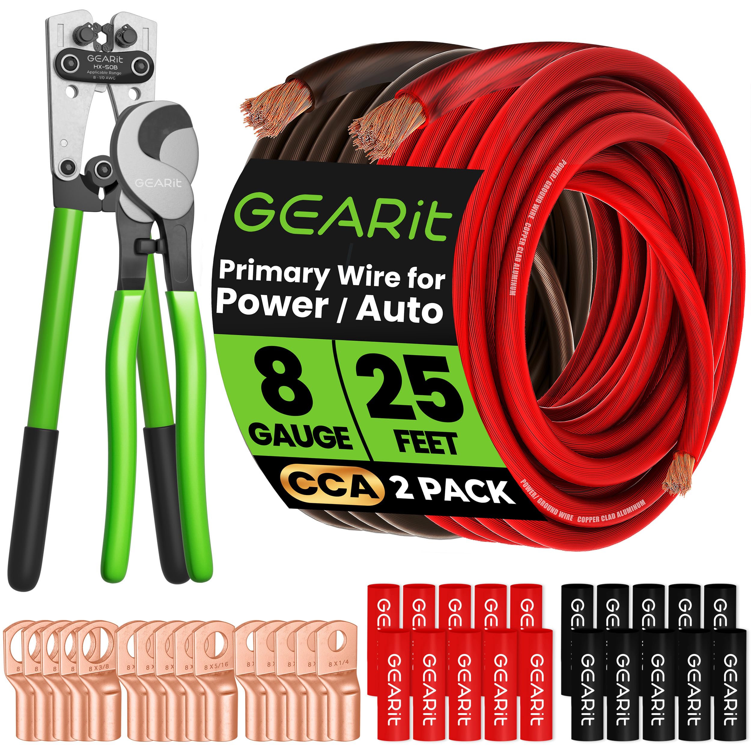 Kit cable de tierra calibre 8 con herramienta para engarzar y terminales termorretractiles