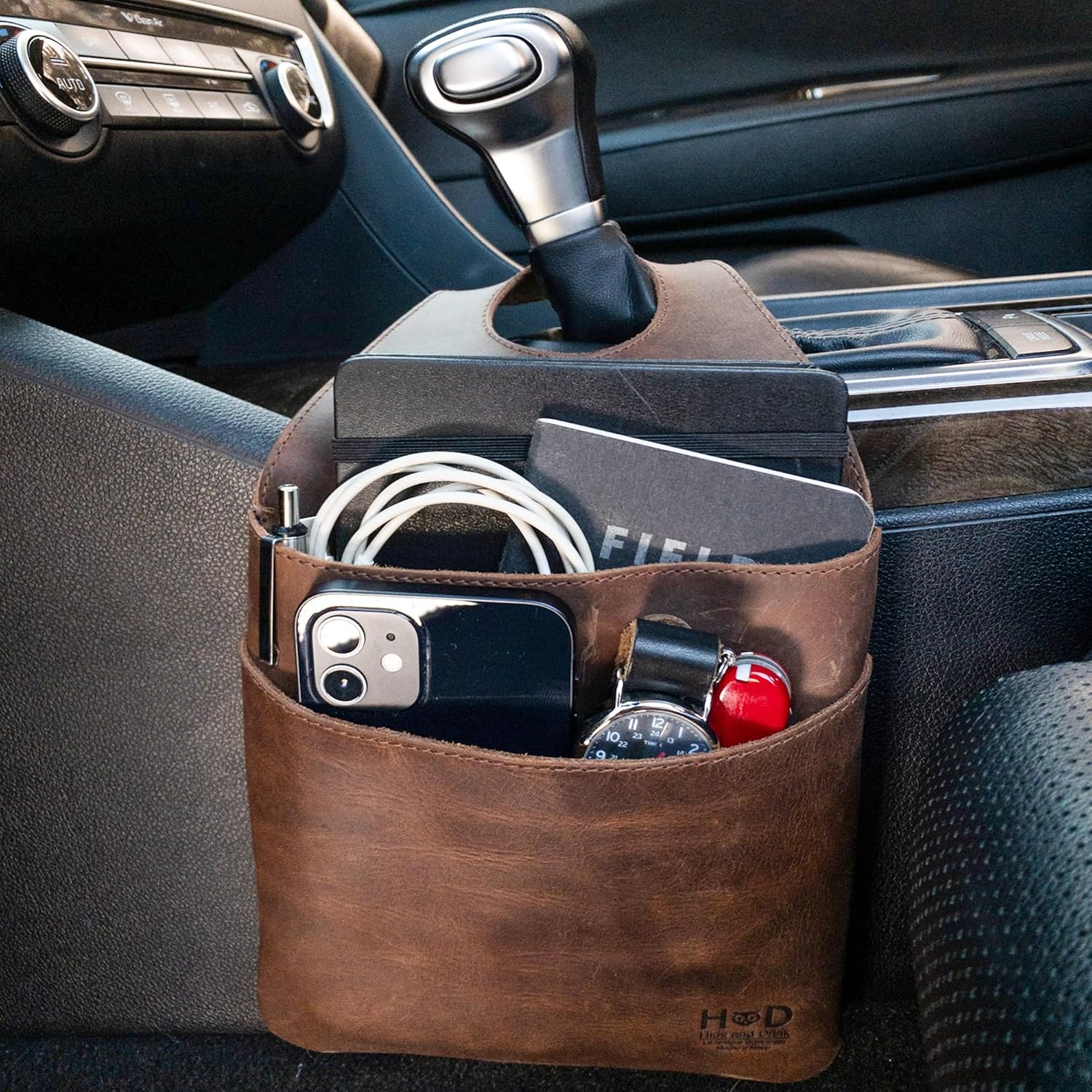Hide & Drink, Seat Side Organizer for Gear Stick Handmade from Full Grain Leather, Portable Double Bag, Vintage Storage, Travel Accessories - Bourbon Brown