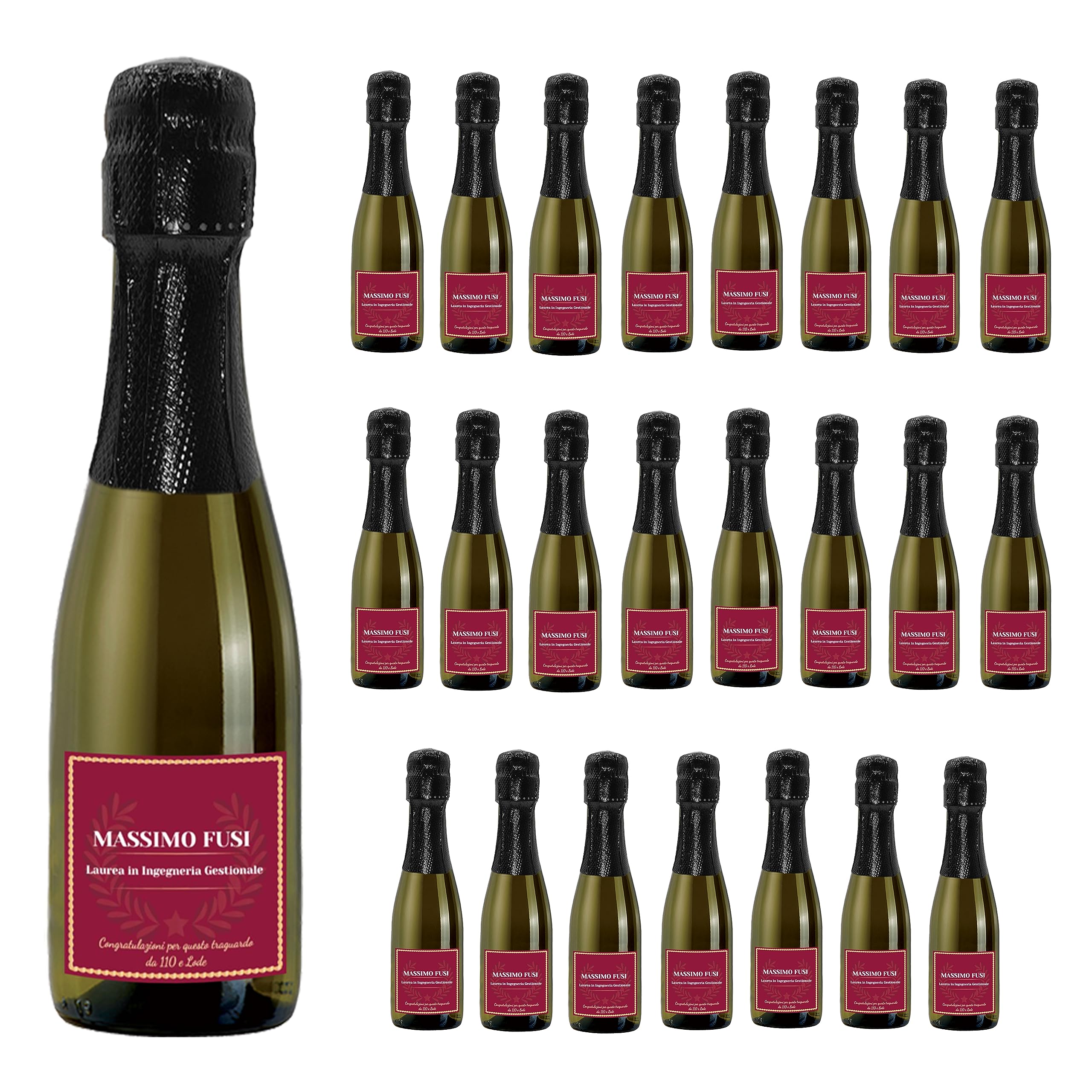 24 Bottiglie mignon di Prosecco DOC Spumante Extra Dry Personalizzato - Idea esclusiva e originale per bomboniere di laurea (Cornice bordeaux)