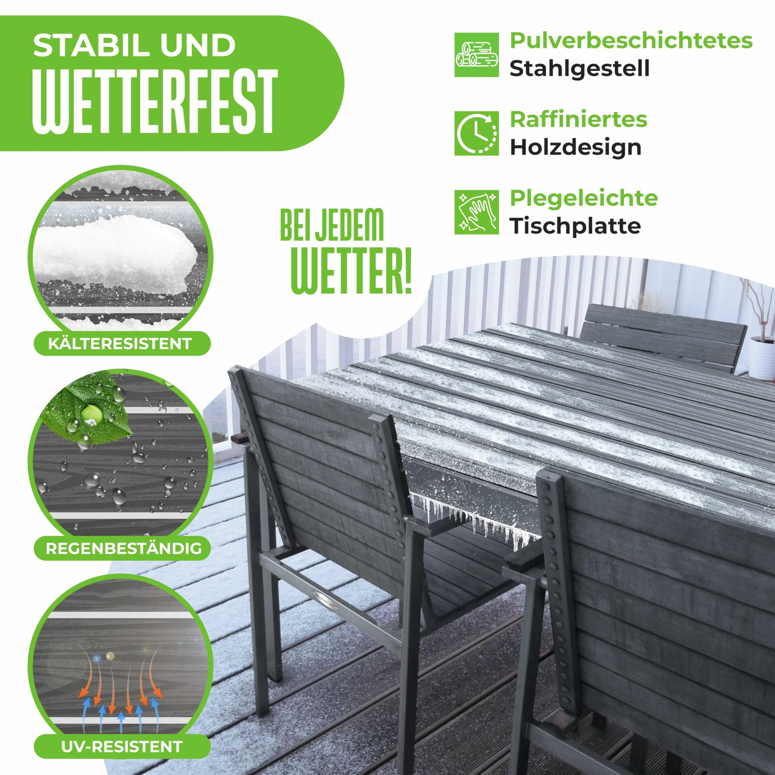 KESSER® Gartentisch 156x78cm für bis 6 Personen Esstisch Wetterfest & UV-Beständig | Outdoor Tisch mit pulverbeschichteter Stahl-Gestell & Kunststoff Tischplatte in Holz-Optik inkl. 6 Filz-Untersetzer