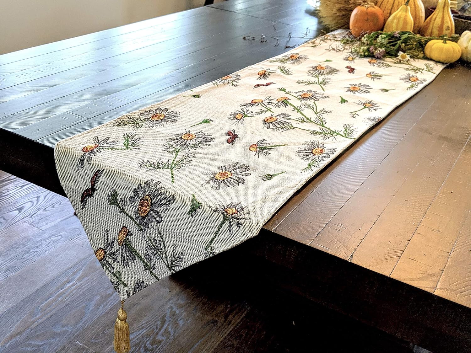 Tache Botanical Grey White Yellow Floral Daisy Chamomile Flower Long Tapestry Seasonal Kitchen Dining Table Runners 13 x 120 Daisies