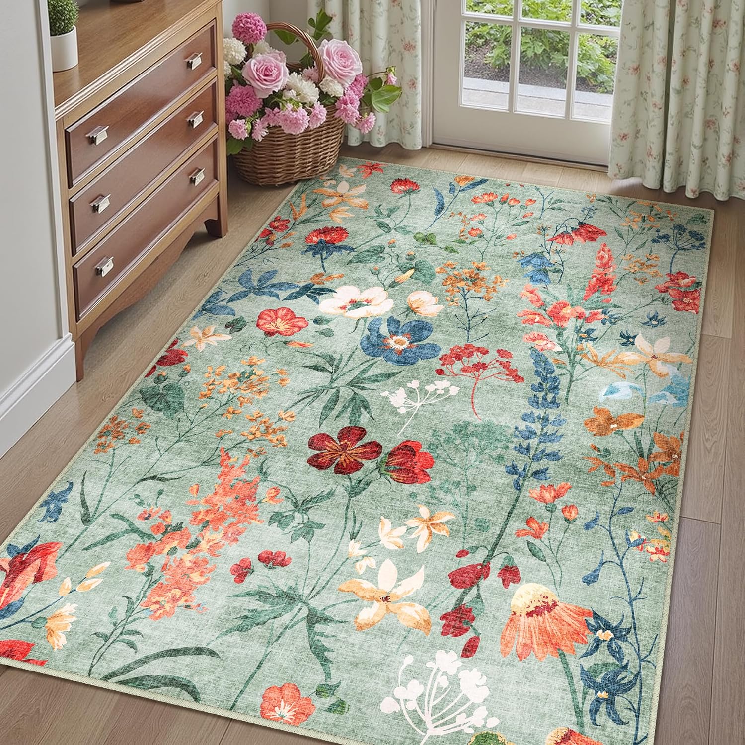 Green Area Rug 5x7 Floral Washable Living Room Kitchen Boho Carpet Non Slip Low Pile Indoor Accent Lightweight Soft Throw Rug for Bedroom Office Dining Room Nursery Farmhouse