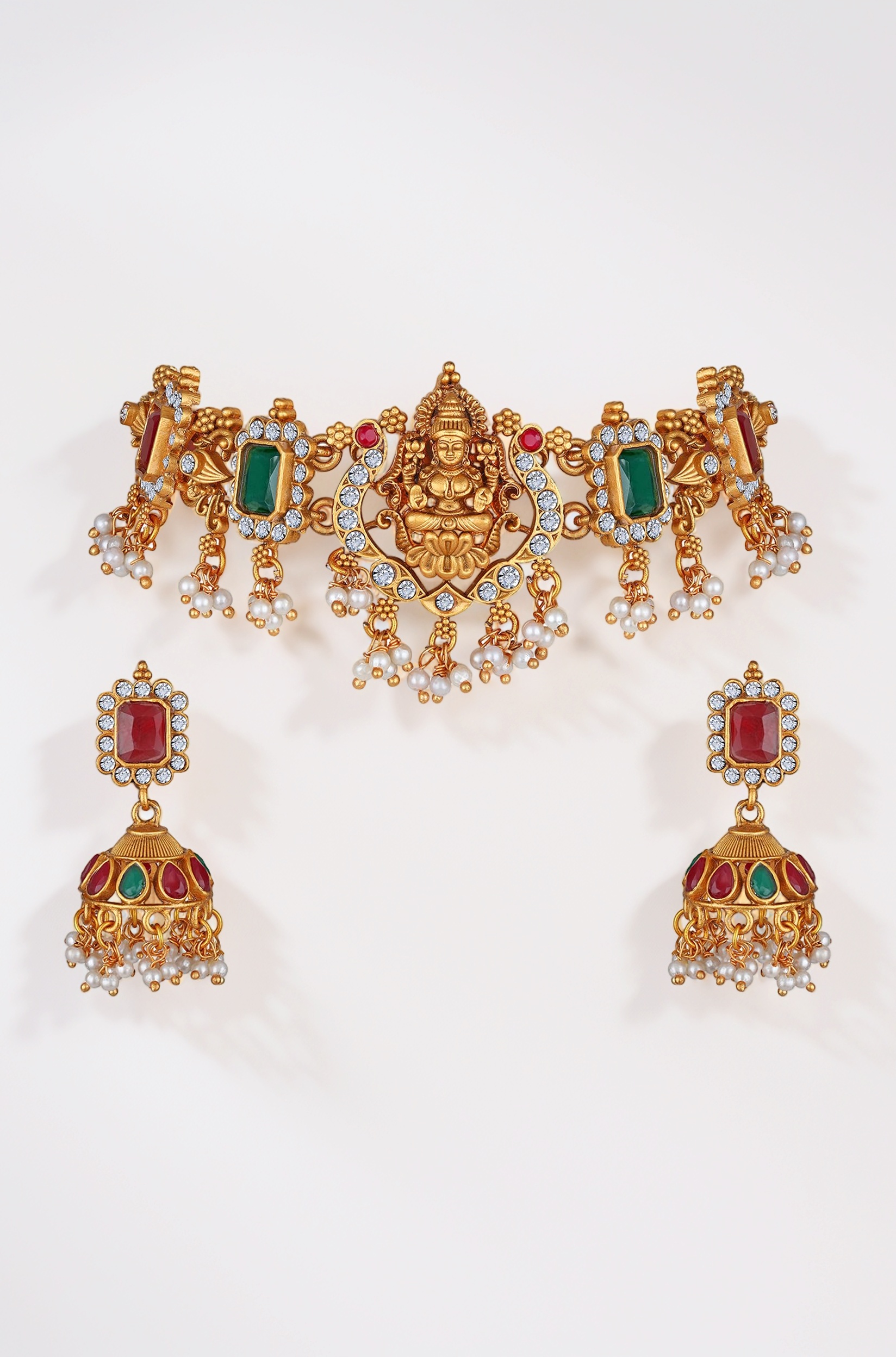 Latest Stylish Design Fancy Pearl Choker Traditional Temple Necklace Jewellery Set for Women (13873s) (Golden)