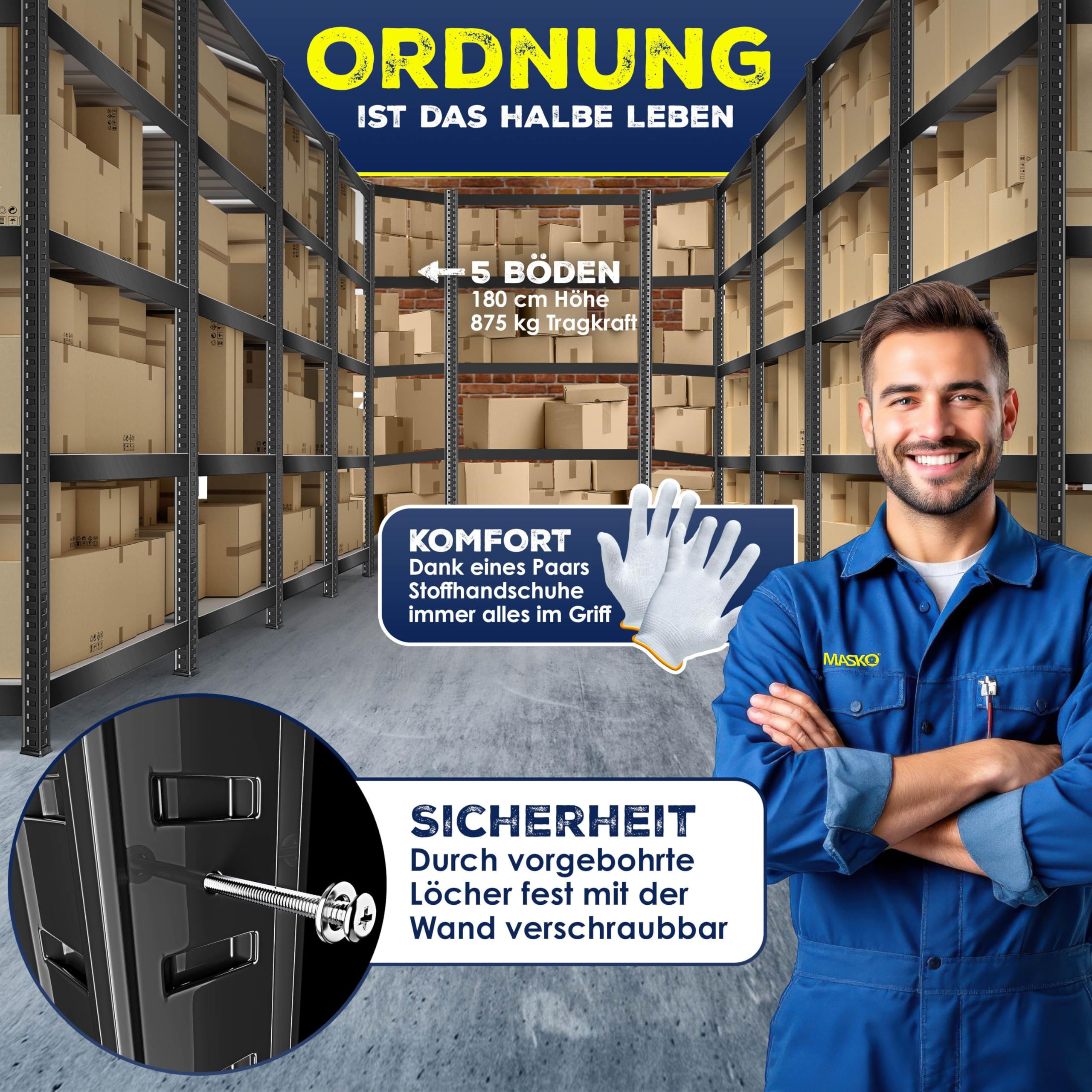 MASKO® Jeu de 3 Étagères en Métal - 1 Étagère d'Angle & 2 de Stockage | 15 Plaques MDF | Capacité 2625 kg | Étagère d'Atelier - Noir