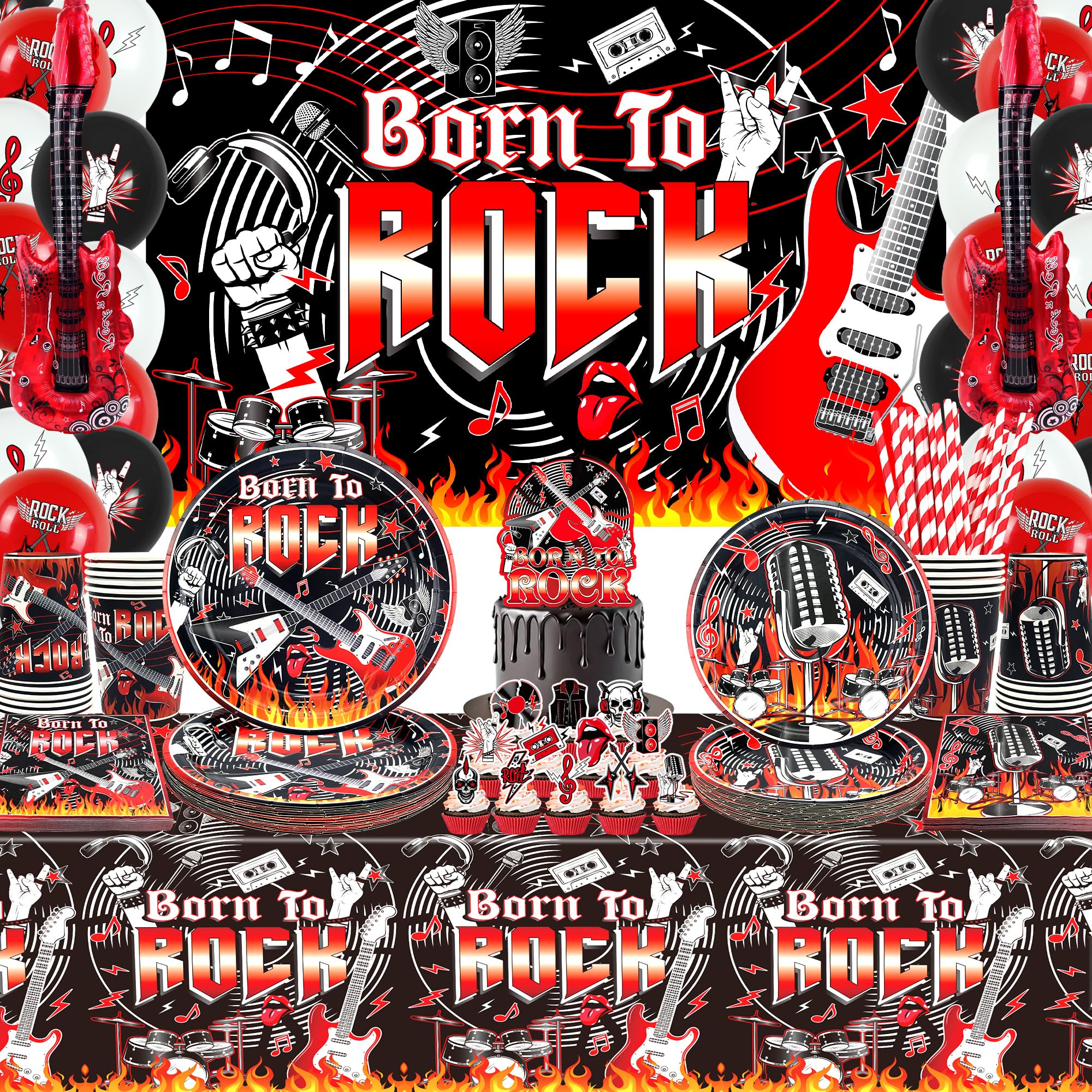 Décoration De Fête D'anniversaire Rock And Roll Avec Bannière « Happy Birthday » - Décoration De Gâteau - Ballons Pour Fête D'anniversaire Sur Le Thème De La Guitare Rock
