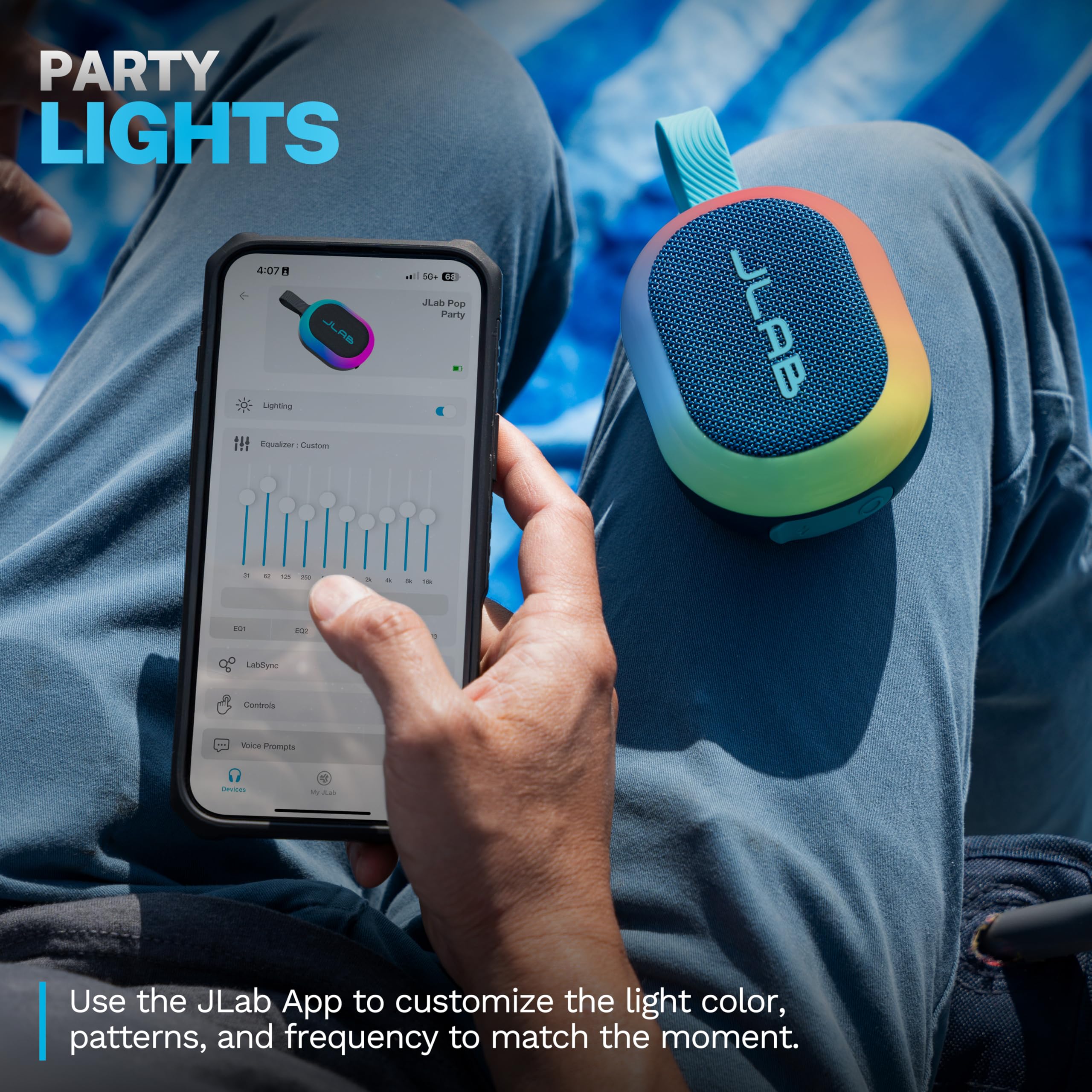 JLab, Pop Party, Portable Bluetooth Speaker, Waterproof, RGB LED Lighting, Navy Product Image 3