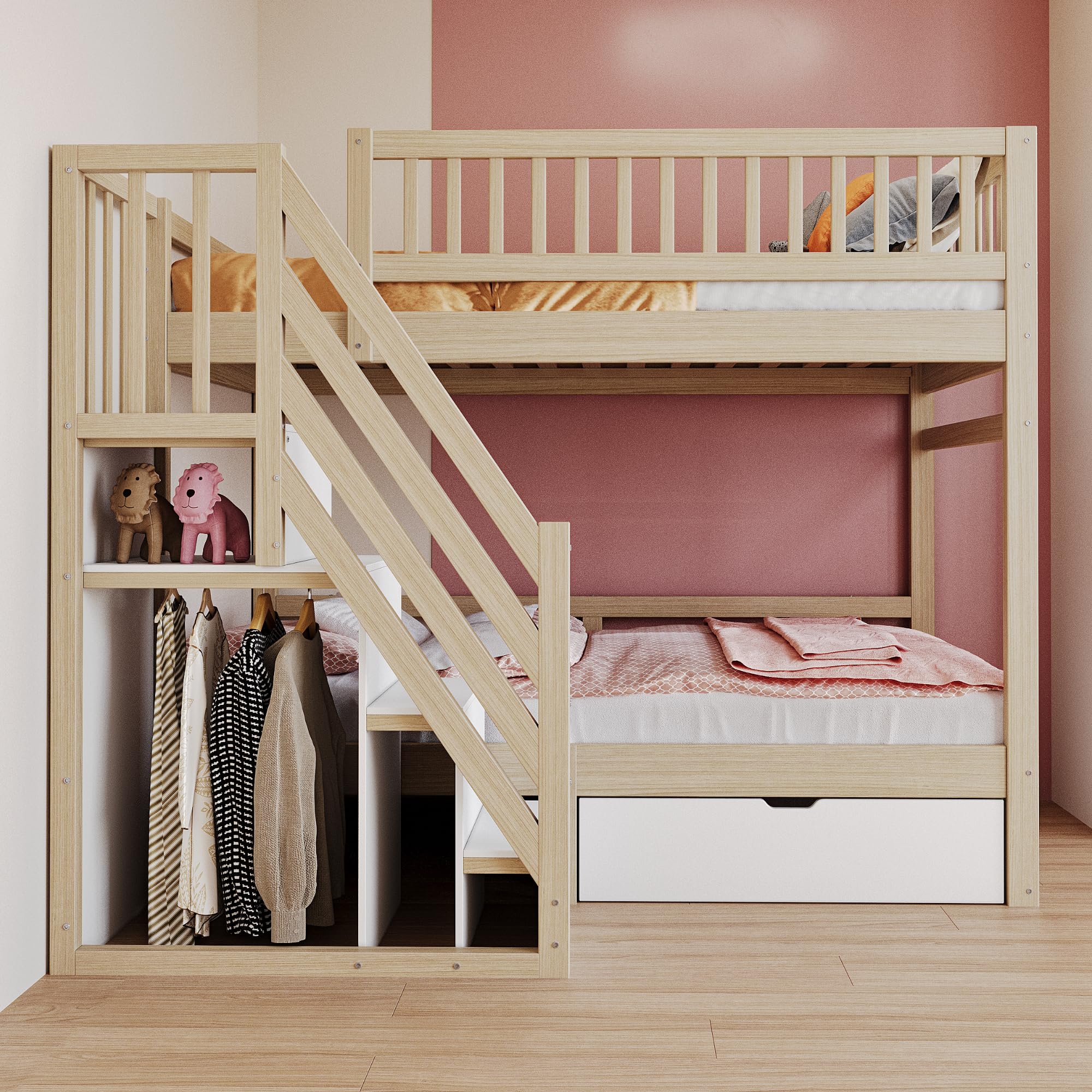 Su & Chan Legence Hochbett 90x200 cm mit Treppe, Stauraumschränken und Schublade, Etagenbett aus Massivholz mit hohem Geländer für Kinder, ohne Matratze, Holzfarbe