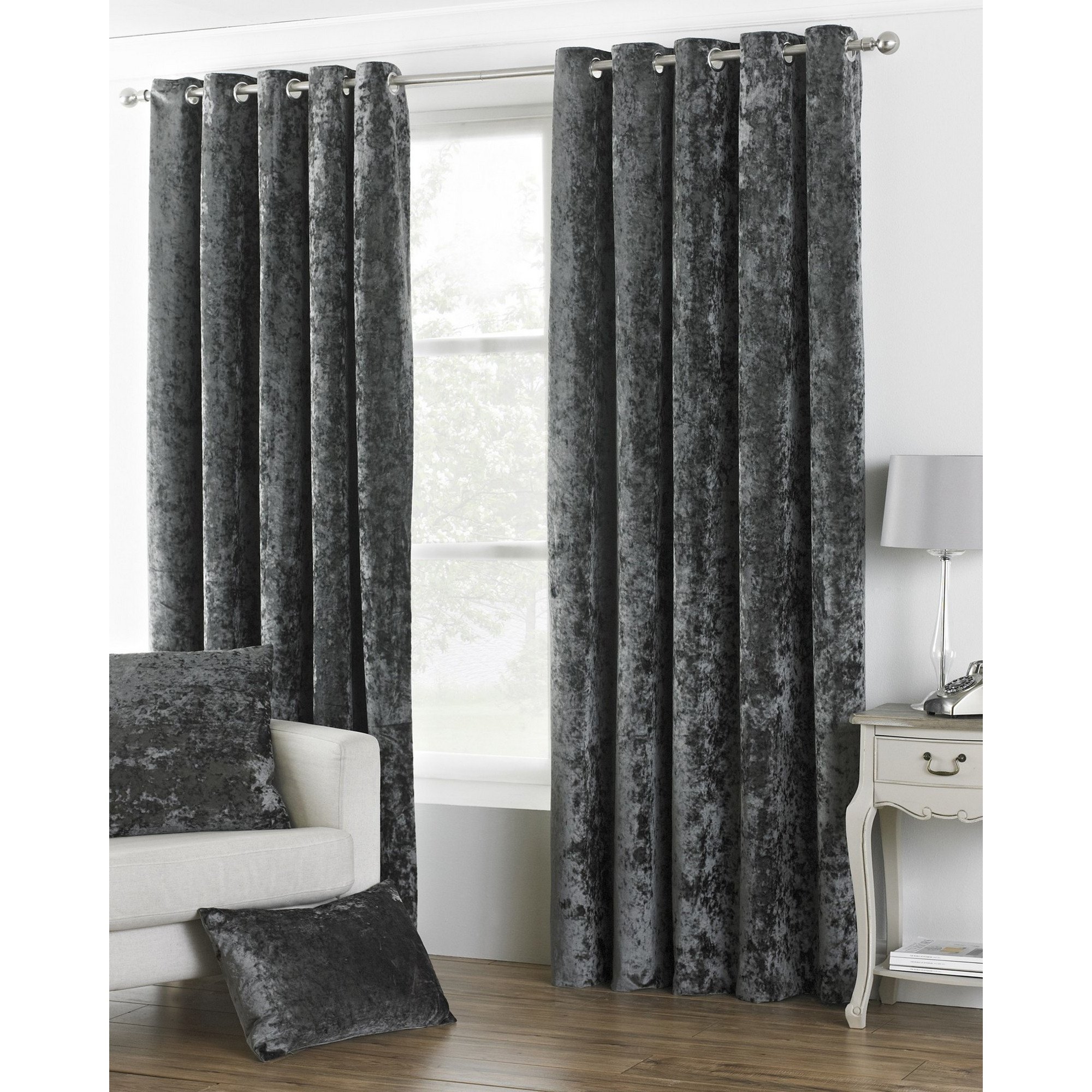 Paoletti Verona Crushed Velvet Eyelet Curtains in Metallic Silver | Size: 229cm width x 137cm drop