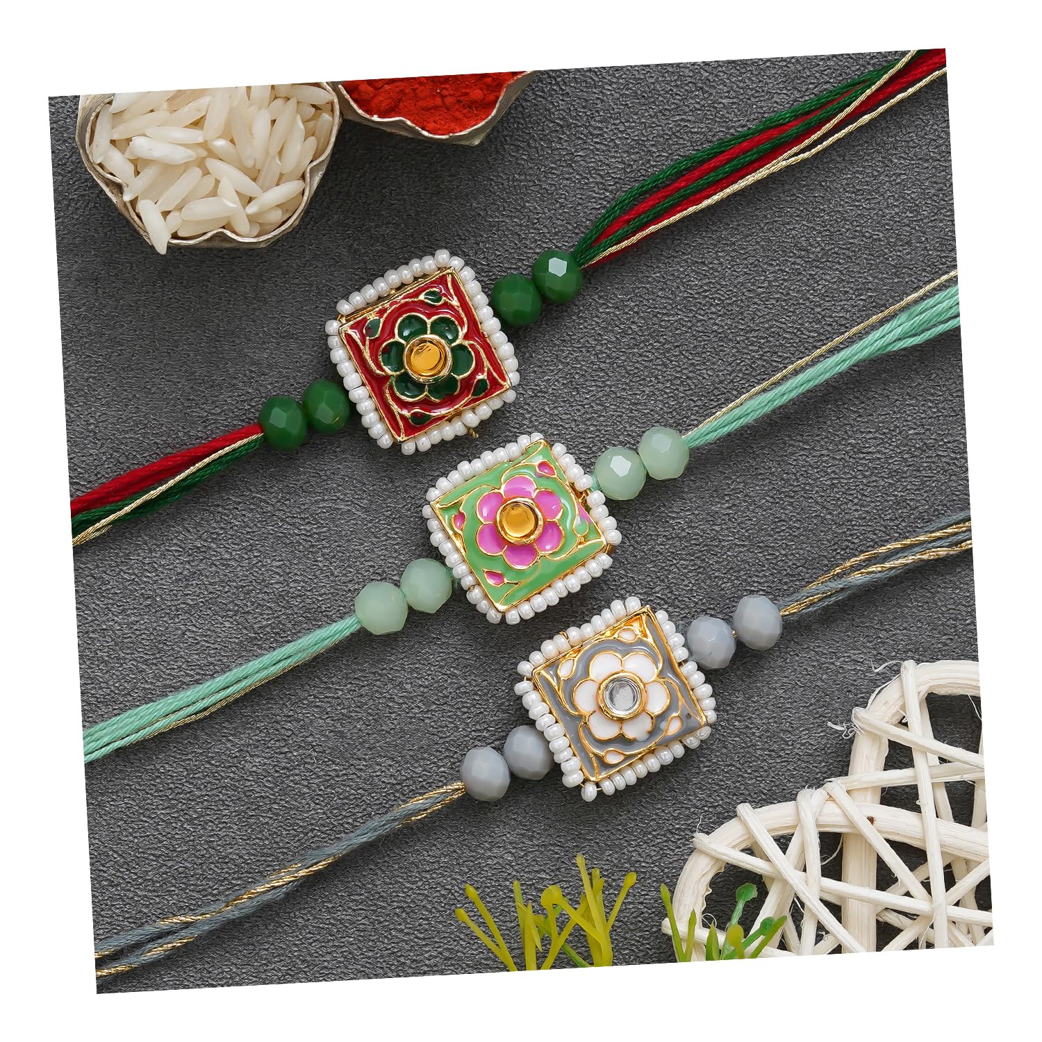 eCraftIndia Multicolor Set of 3 Semi Precious Beautiful Flowers Designer Rakhis with Roli Chawal Pack - Rakhis for Brothers (B0C6PZ2TPJ) Amazon Price History, Amazon Price Tracker