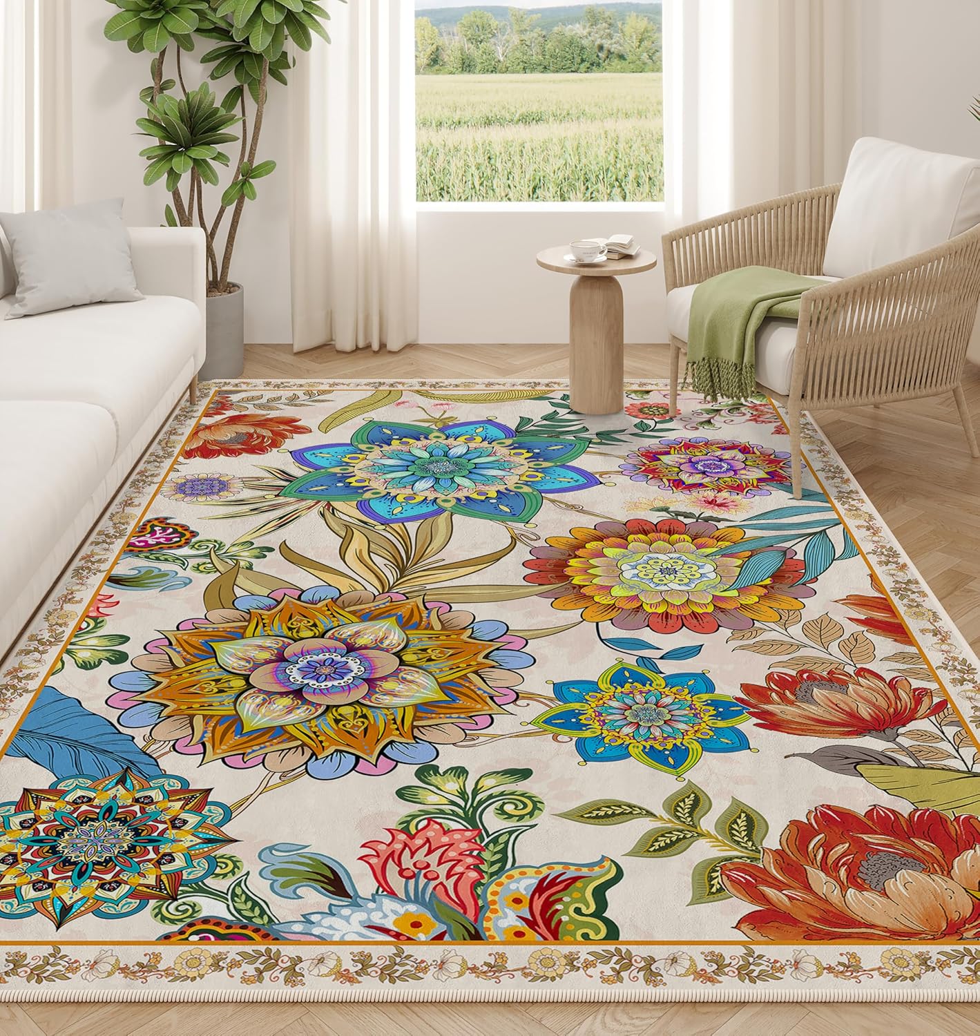 (Similar) Boho Floral Rugs for Living Room Flower Area Rug for Bedroom Dining Room Farmhouse, Colorful Non-Slip Machine Washable Rug Carpet,Vintage Living Room Decor Floral (Bigger Than Pictured)