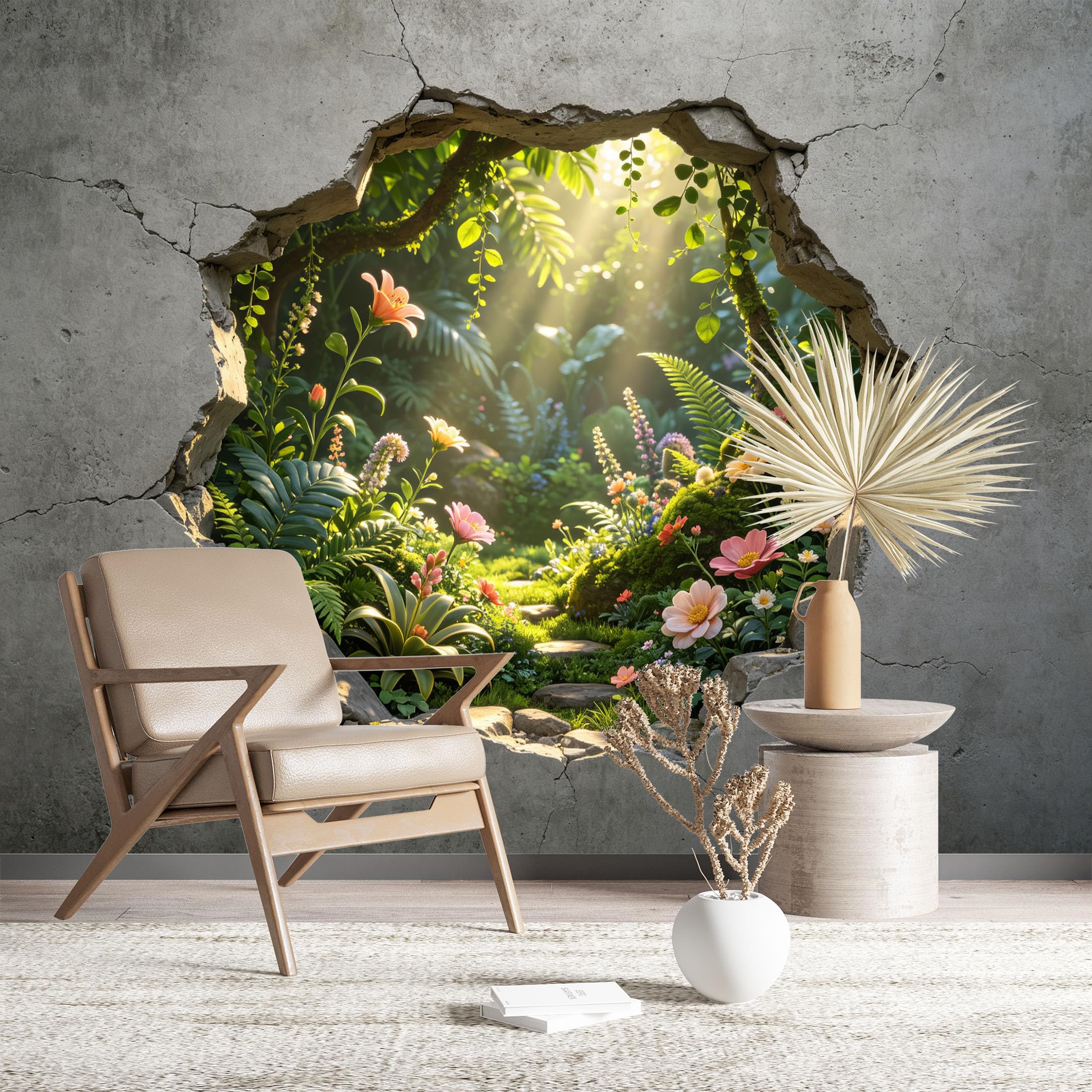 Custom Size Wall Murals Enchanted Garden Through Cracked Wall Realistic Self-Adhesive Wall Fabric (NO PVC) Removable Wallpaper for Living Room Bedroom