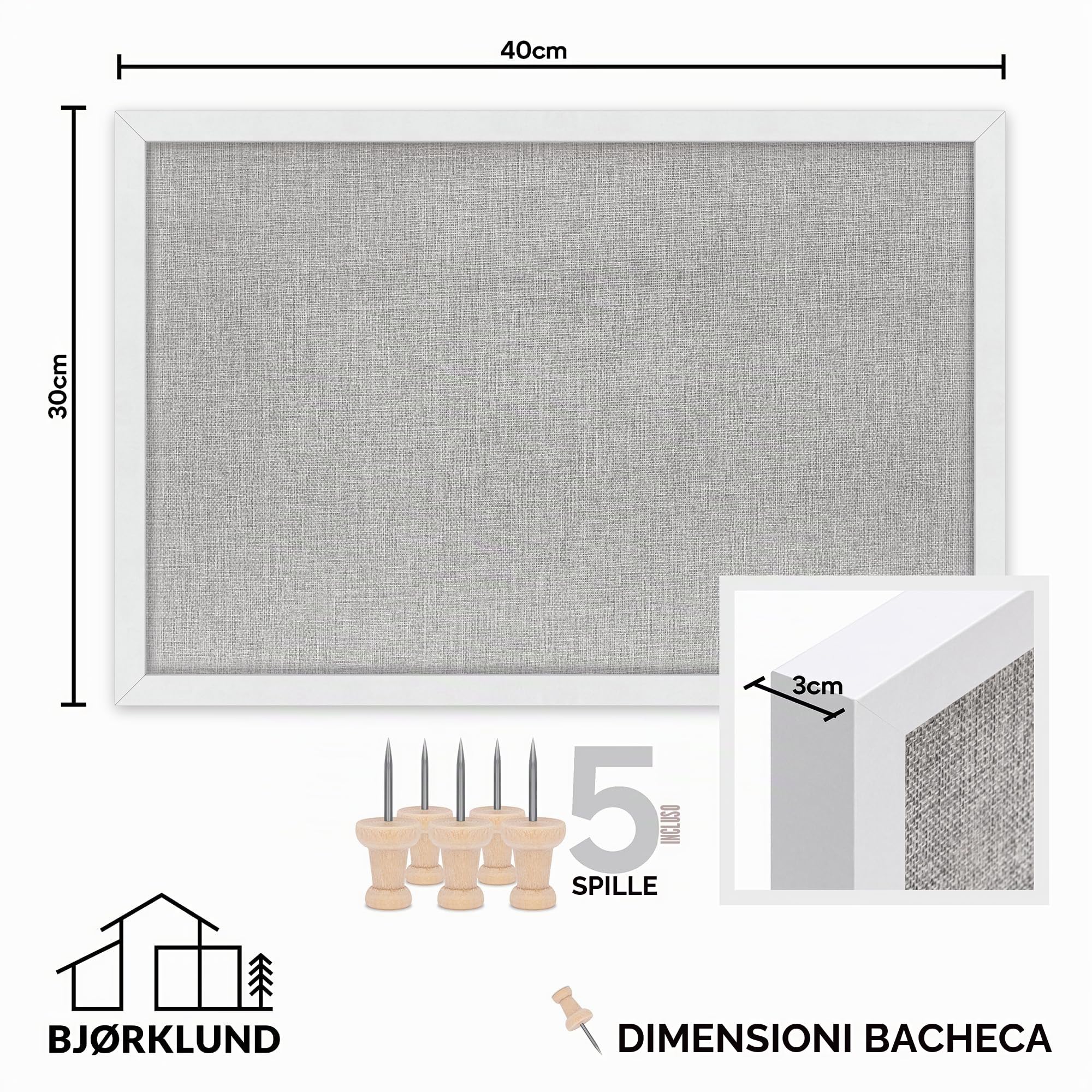 BJORKLUND Bacheca Sughero | Lavagna Sughero per Pareti Alta Qualità | Grande Bachecas da Parete in Sugheros 40 X 30 Bacheca per Casa, Ufficio e Camera da Letto