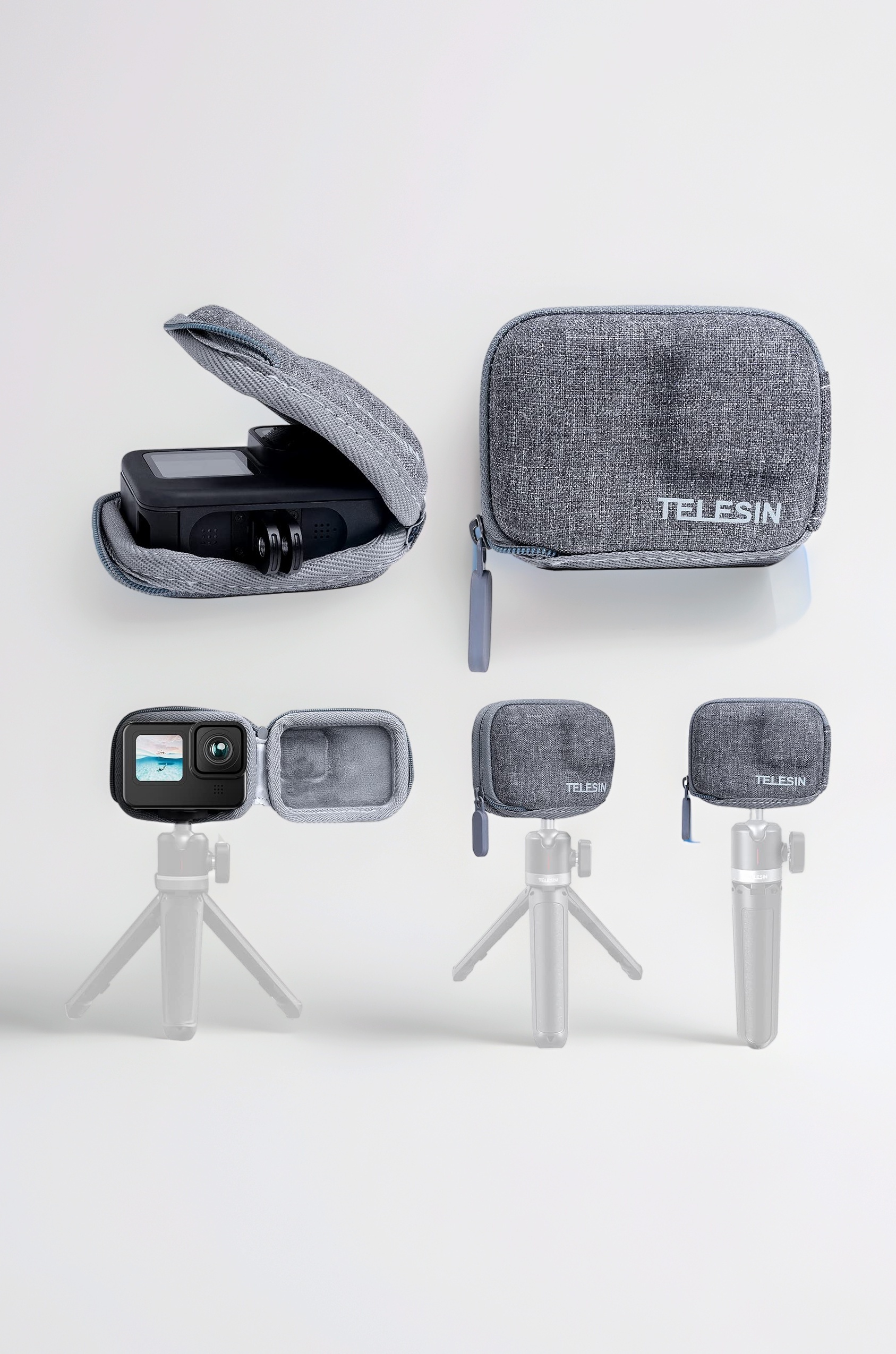 TELESIN Small Carry Case For Gopro Hero 11 Hero 10 Hero 9 9 Black, Pocket Size Protective Case Travel Bag With Supports With Go Pro 10 9 Selfie Stick & Tripod Accessories, Ethylene Vinyl Acetate (EVA)