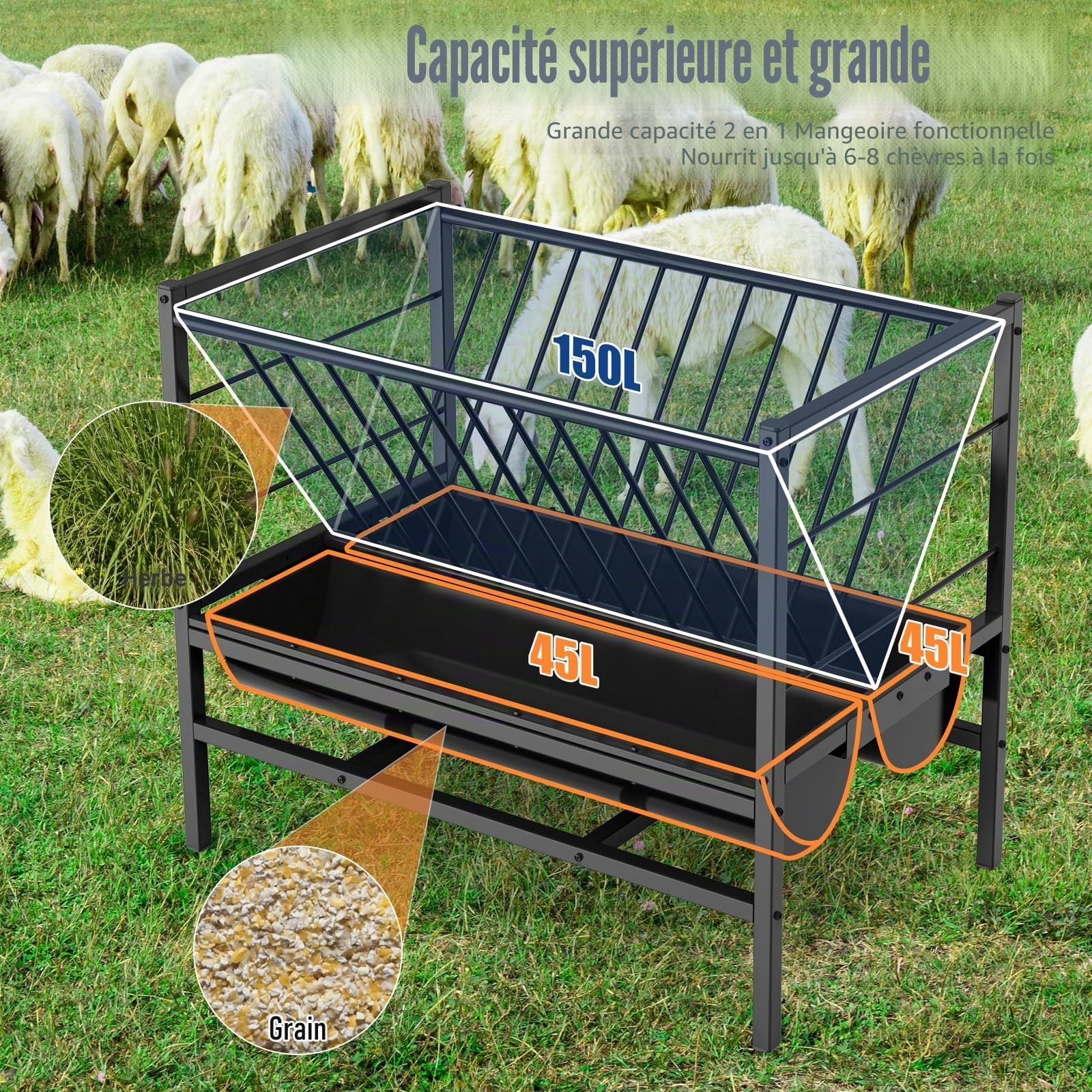 Grand RâTelier à Foin pour ChèVres 2 en 1 Mangeoire à Foin et à Grains RâTelier à Foin pour Chevaux en Acier Galvanisé pour ChèVre Moutons Cheval BœUf 107*65*90cm | Grand ramasse-foin autonome en métal robuste sans déchets pour moutons, chèvres, chevaux,