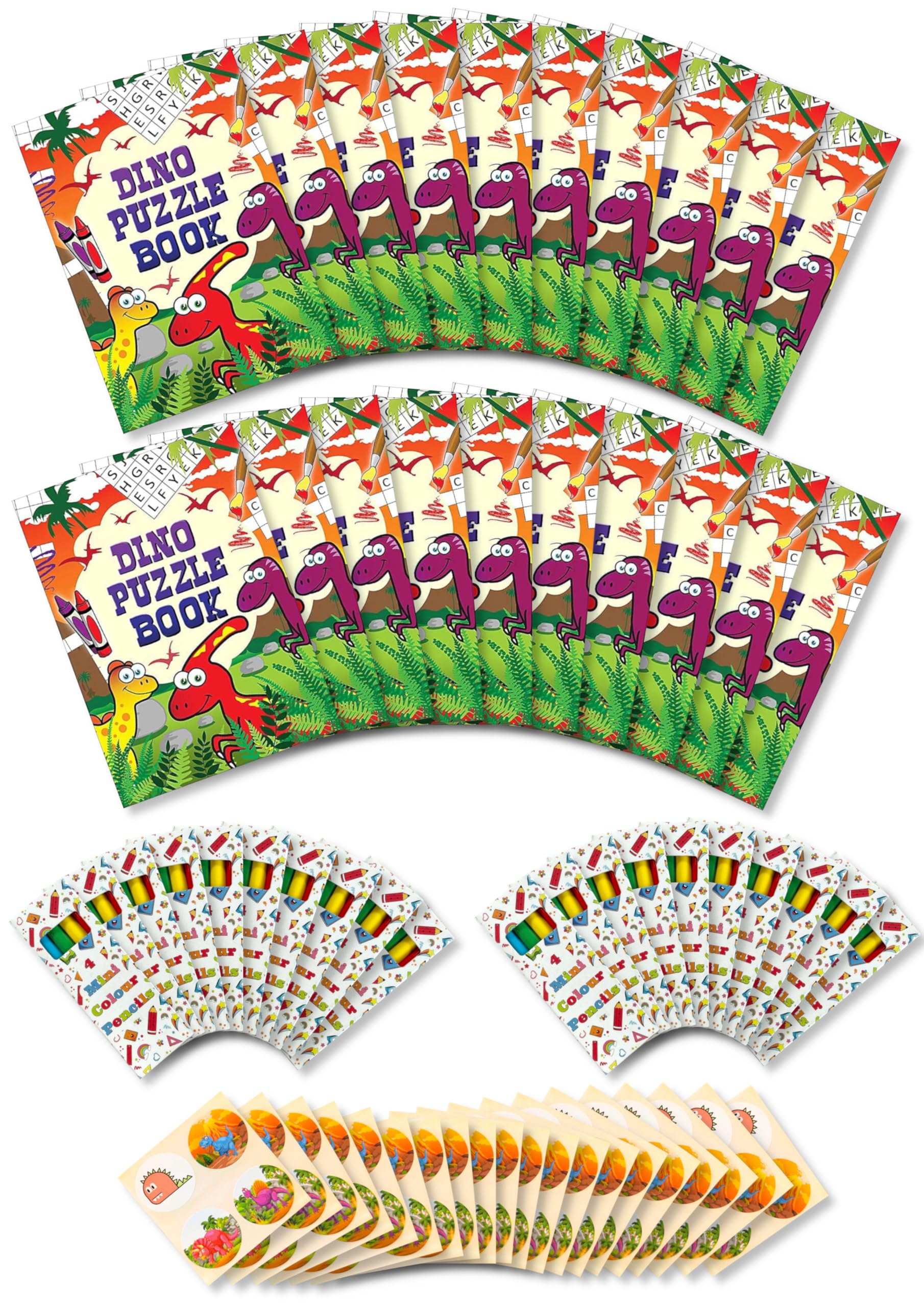 Anila's Assortment of 20 Dinosaur Themed Activity Books with colouring & Puzzles, 20 Sheets of Stickers & 20 Pencils, Children Birthday Party Favours Bag Fillers, School Classrooms. — image 1