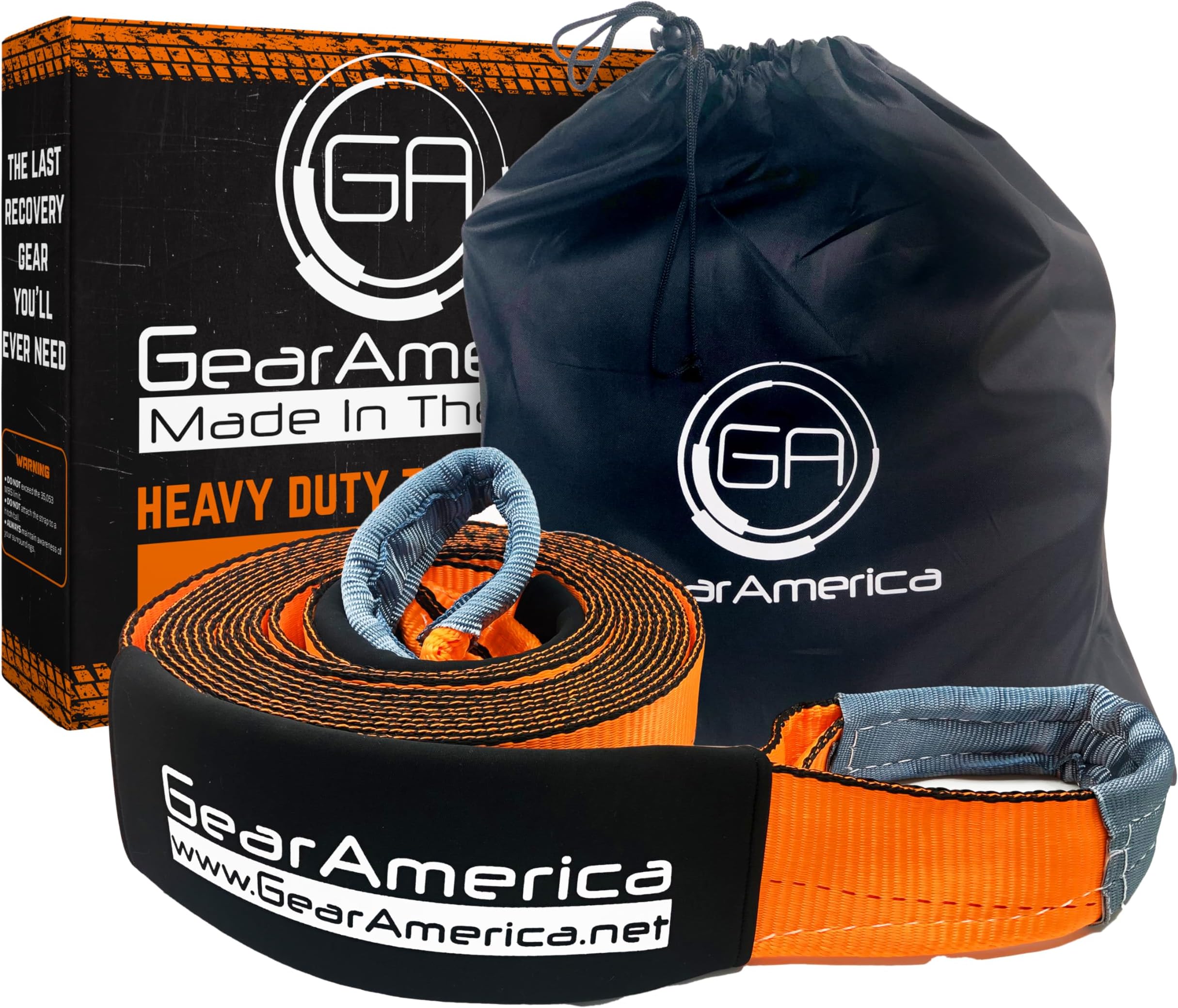 GA GEARAMERICA Recovery Tow Straps 4" x 30' | Ultra Heavy Duty 45,000 lbs (22.5 US Tons) Strength | Use for Emergency 4x4 Towing or Recovery | Triple Reinforced Loops, Protective Sleeves, & Bag