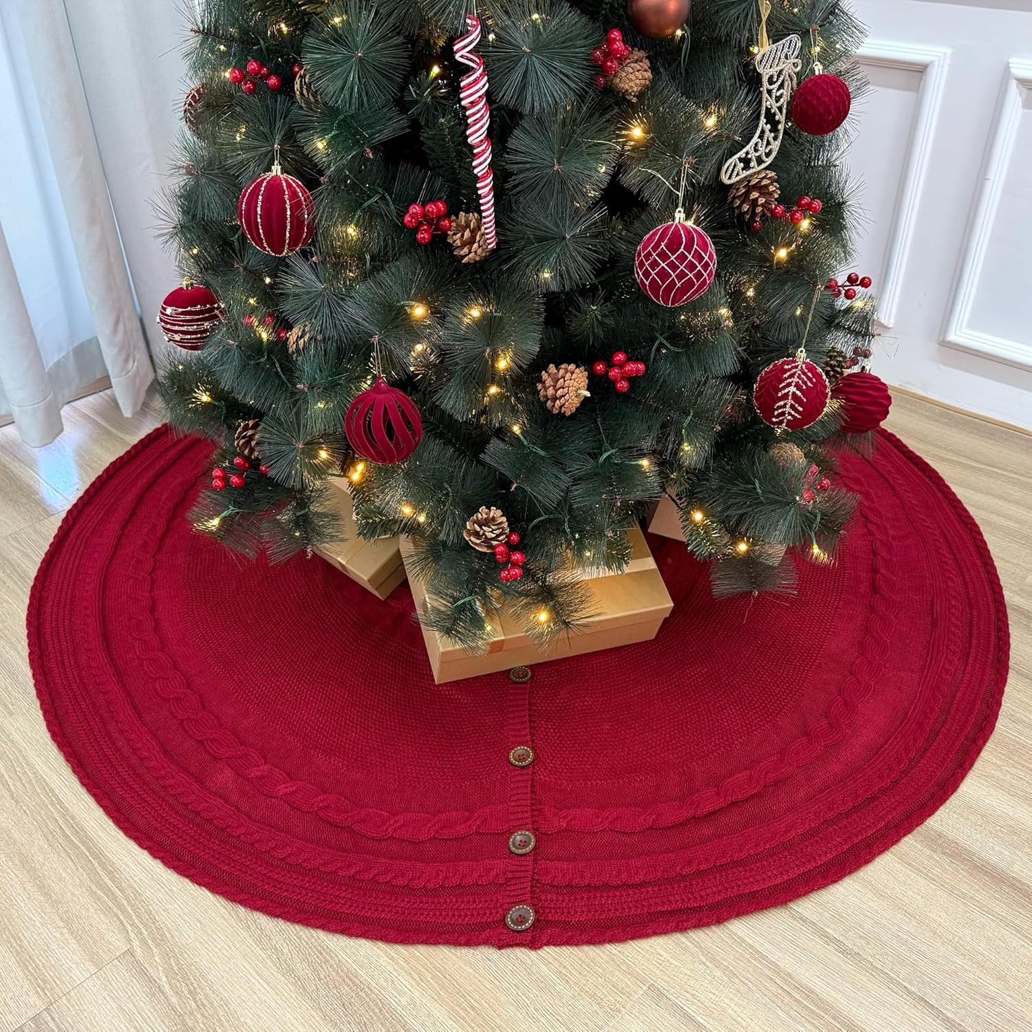 60-Inch Deluxe Cable Knit Christmas Tree Skirt with Oak Buttons, Burgundy