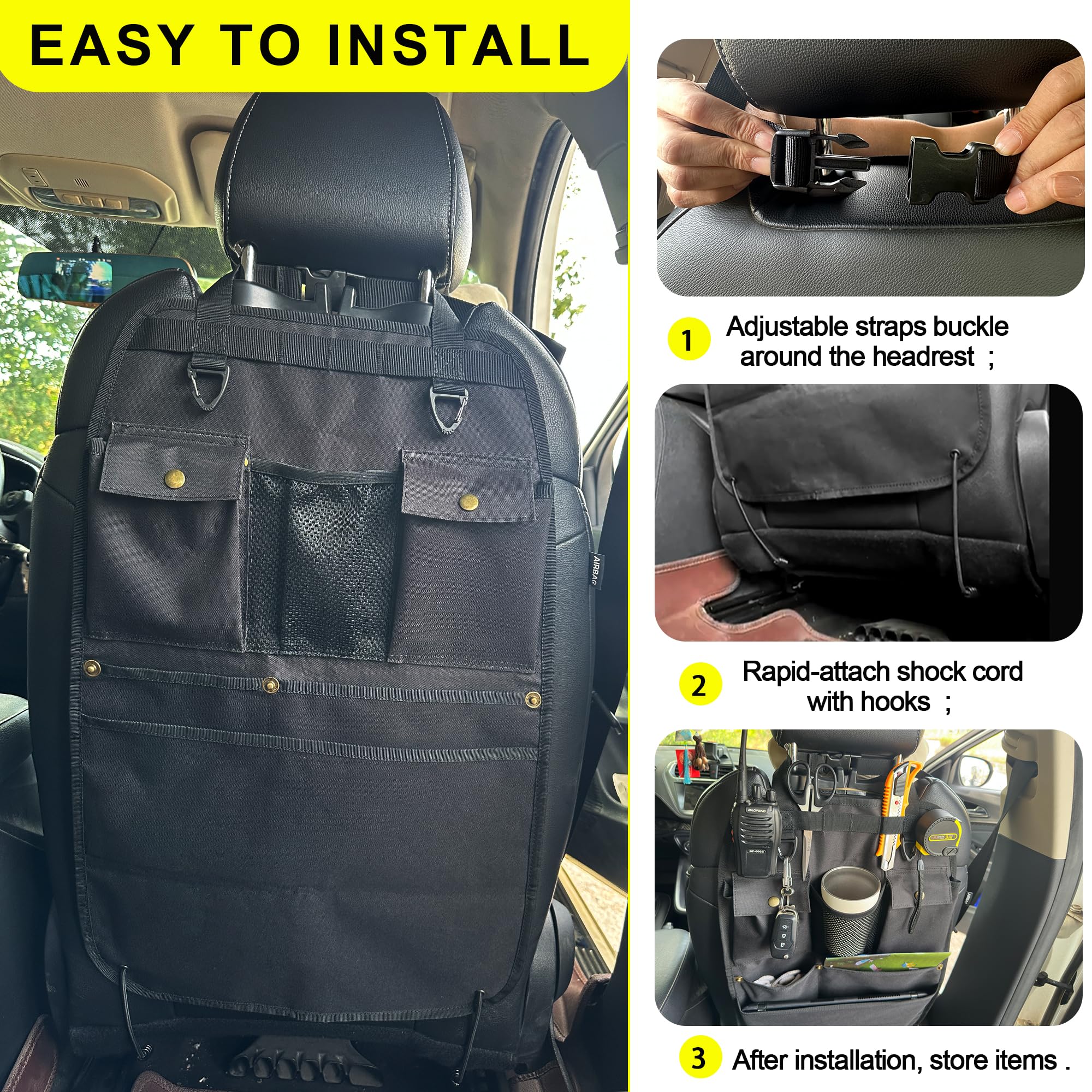 Schwarzer Autositz-Organizer mit mehreren Taschen und Haken