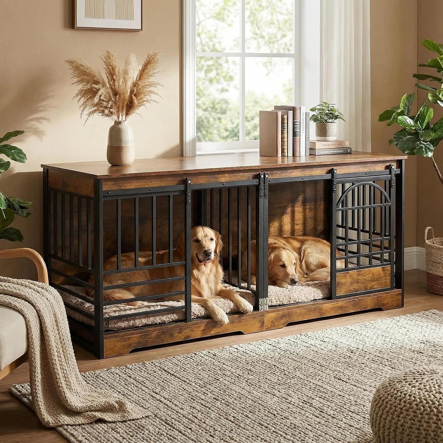 78″ Double Dog Crate Furniture for Indoor Living, Extra Large Heavy-Duty Kennel with Divider, Wooden Dog Cage Table & TV Stand for X-Large Breeds, Cognac Brown