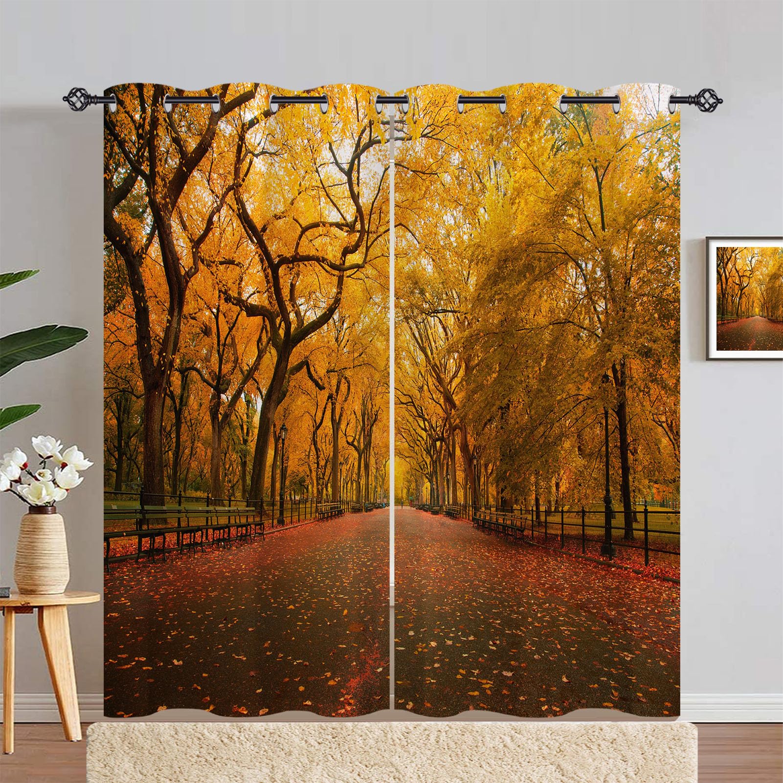 ANHOPE Autumn Park Fallen Leaf Tree Curtains Eyelet Ring Top Blackout Thermal Insulated Print Curtains Soft Privacy Decorative Window Treatment Drapes for Bedroom Living Room 66 x 90 Inch 2 Panels