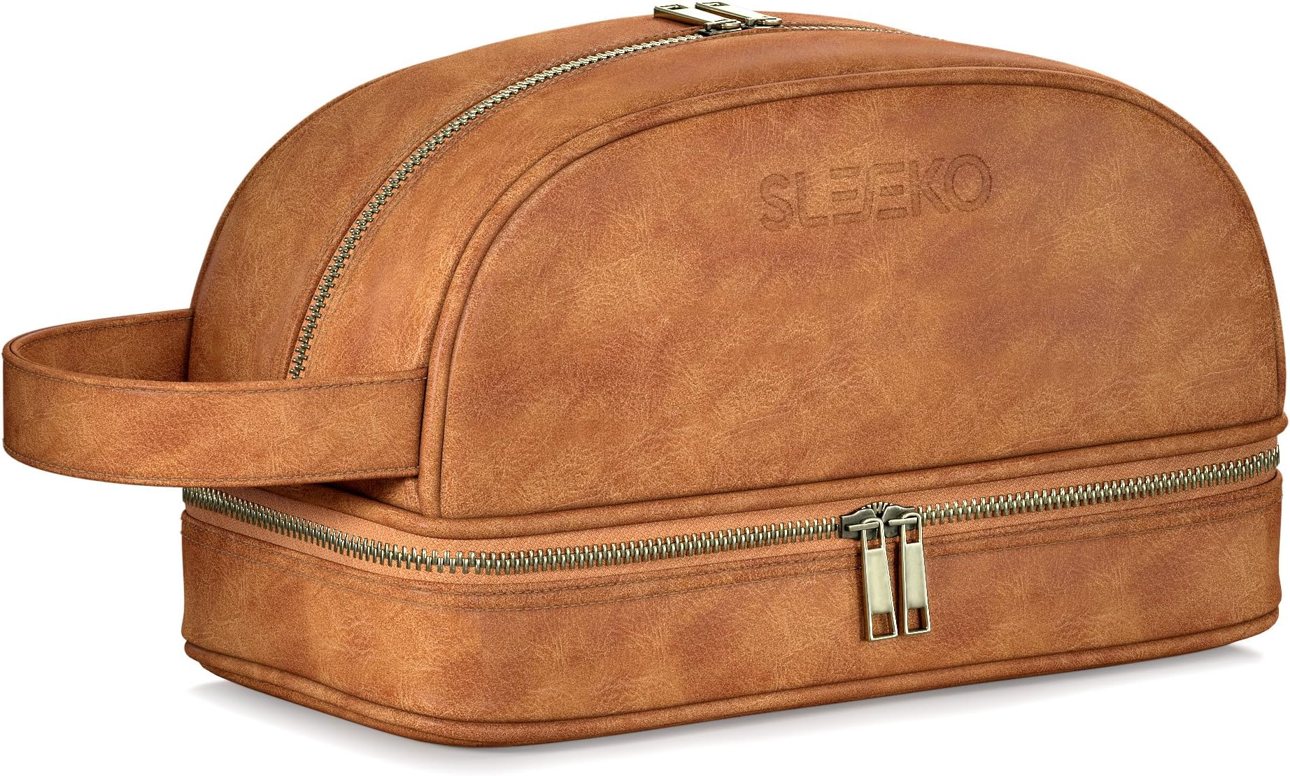 SLEEKO's Leather Toiletry Bag with Free Leak-proof 2 Bonus Travel Bottles - Water-Resistant Premium Quality Dopp Travel Accessory Kit for Toiletries,Shaving and Grooming Supplies & More