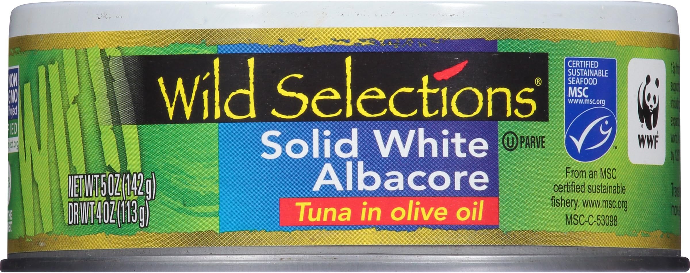 Wild Selections Solid White Albacore Tuna in Olive Oil, 5 oz Cans (Pack of 4) - Sustainable Wild Caught Tuna - 29g Protein per Serving - Non-GMO Project Verified, Gluten Free, Kosher, Keto