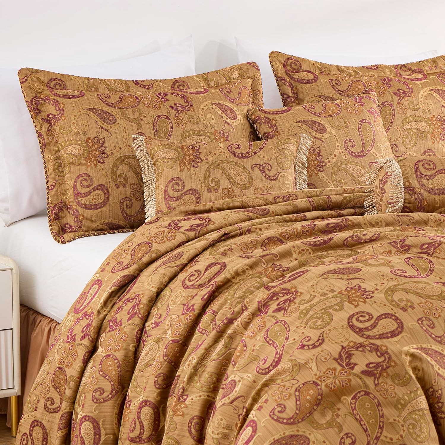Chezmoi Collection Adelle 7-Piece Paisley Jacquard Embroidered Comforter Bedding Set, Queen Size