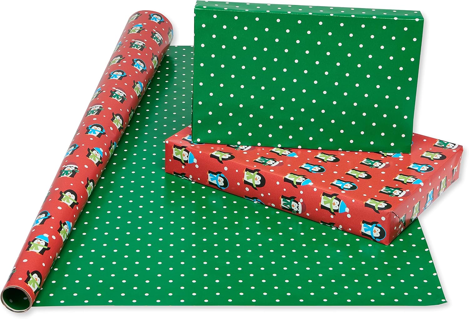 American Greetings Reversible Kids Christmas Wrapping Paper Rolls, Red, Blue, Green Holiday Gift Wrap (120 sq. ft., 3 Wide Rolls-40 in. x 12 ft.) Penguins, Snowmen, Merry Christmas, Ho Ho Ho
