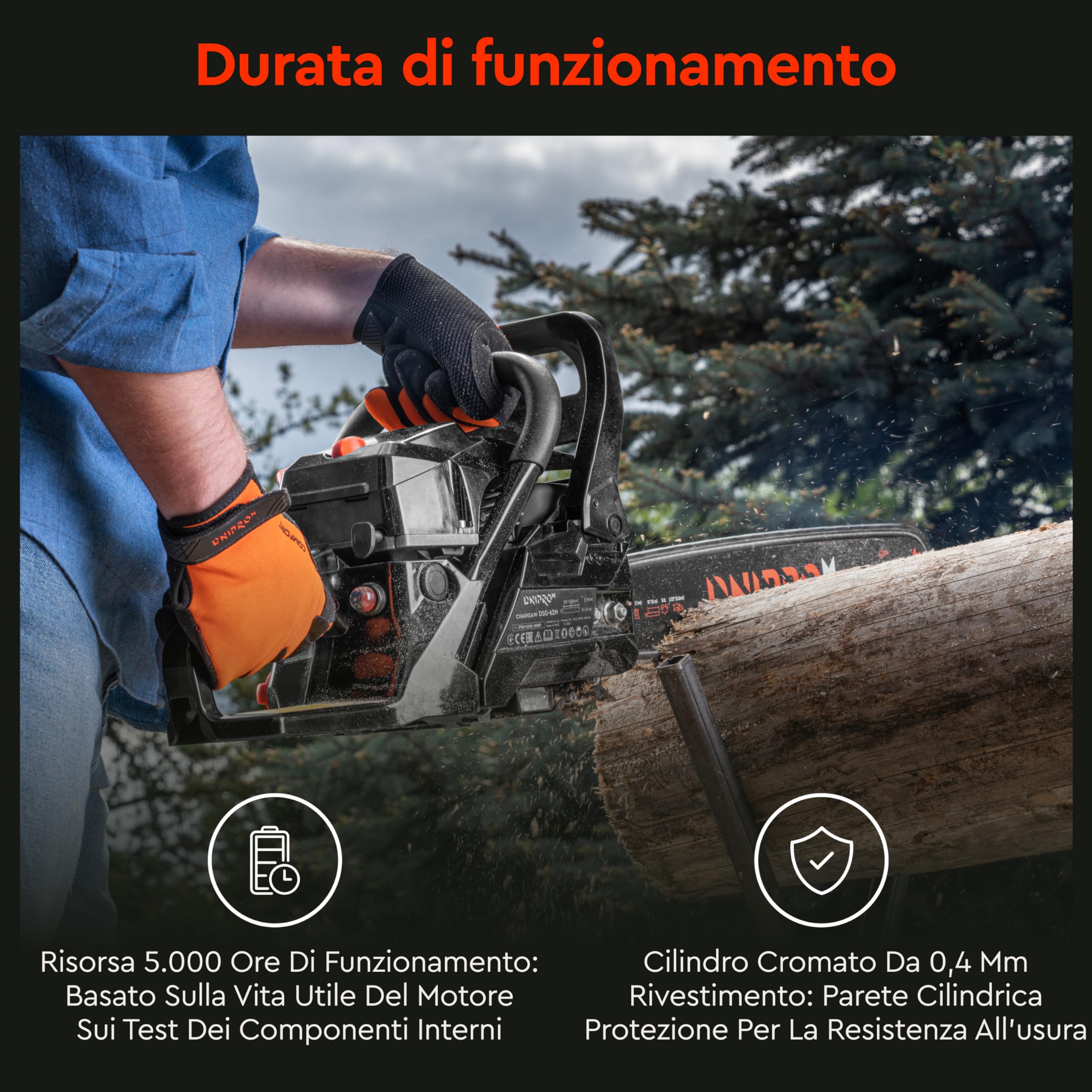 Motosega a Scoppio 45cc, Motore 2 Tempi 1.8 kW (2.4 HP), Barra Professionale 40cm (16"), Sistema Easy Start, Antivibrazione, Sega per Taglio Legna - DSG-45H
