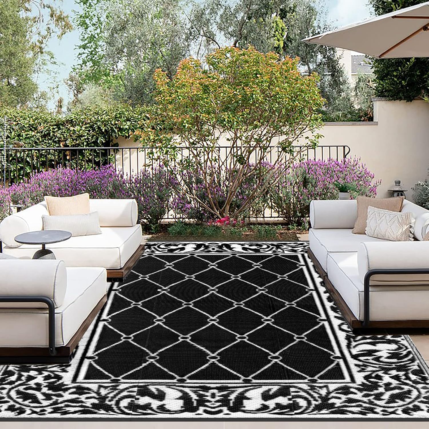 OutdoorLines Indoor Outdoor Rugs for Patio 9x12 ft Reversible Outside