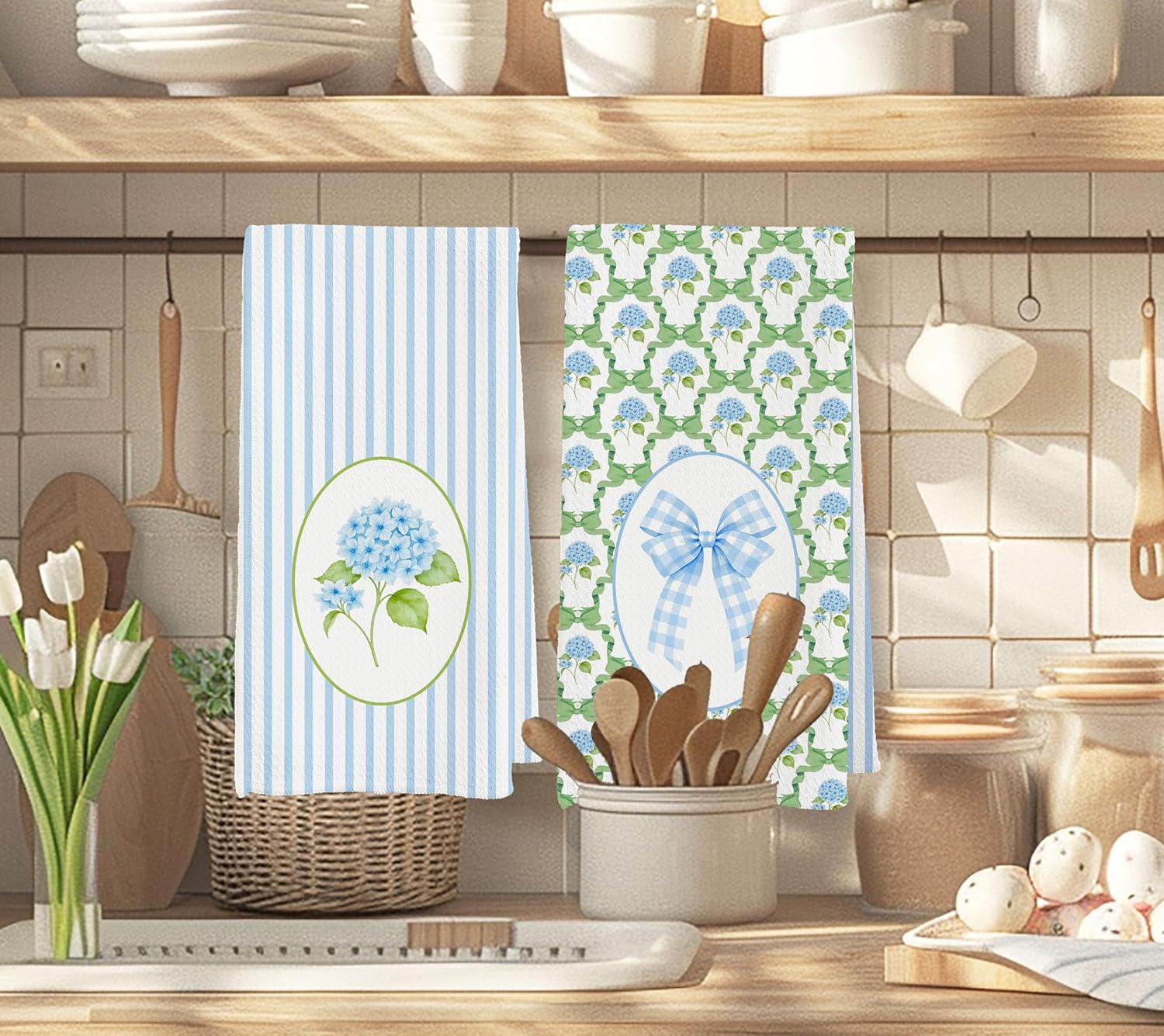 Coquette Bow Blue Hydrangea Floral Kitchen Towels, Cottagecore Botanical Dish Tea Towels, Preppy Bow Hydrangea Flower Decorative Hand Towel for Kitchen Bathroom, 16x24 Inch Set of 2 - Image 2