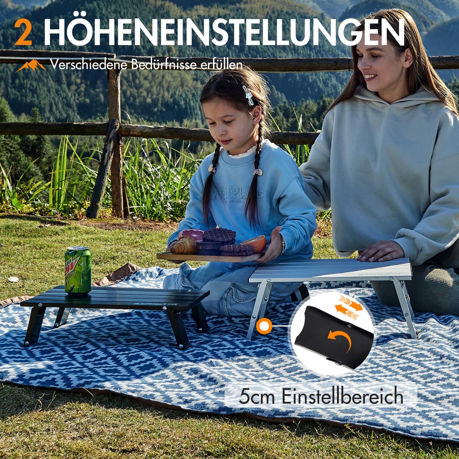 Portal Campingtisch Faltbar Klein Klapptisch Klappbar Esstisch 40x29x16cm Höhenverstellbarer Mini Campingtisch Ultraleicht für Camping Outdoor Balkon