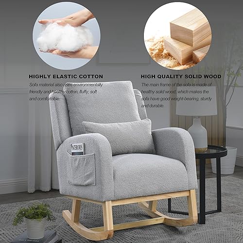 Miniatura 8 de Mecedora para guardería con almohada, mecedoras de tela de peluche con respaldo de alas y reposabrazos, 2 bolsillos laterales integrados, cómoda