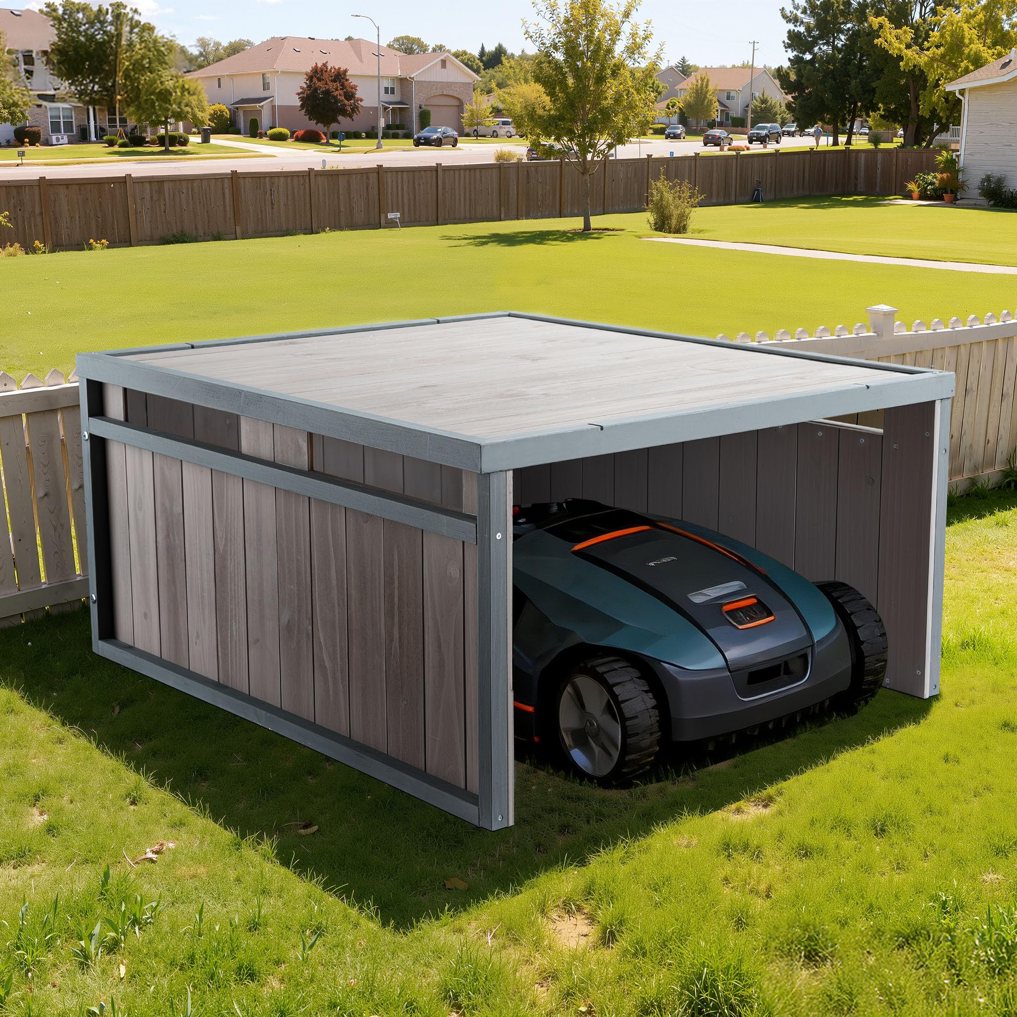 Wiltec Garage de Robot Tondeuse – 800 x 700 x 380 mm – Couleur Grise – en Bois Massif et avec Toit Plat – Abri Carport de Jardinage Tonte de Gazon