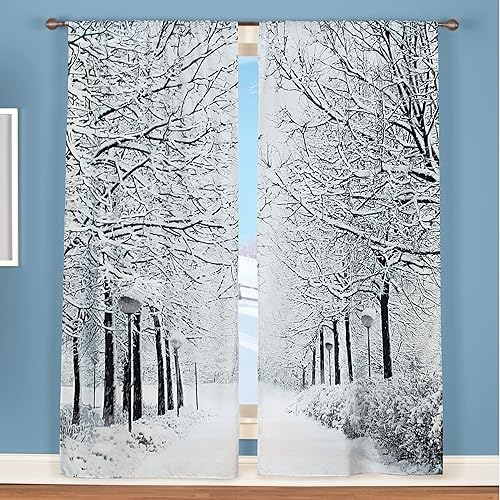 Miniatura 2 de Collections Etc Juego de cortinas escénicas para ventana, diseño de árboles de invierno, negroblanco