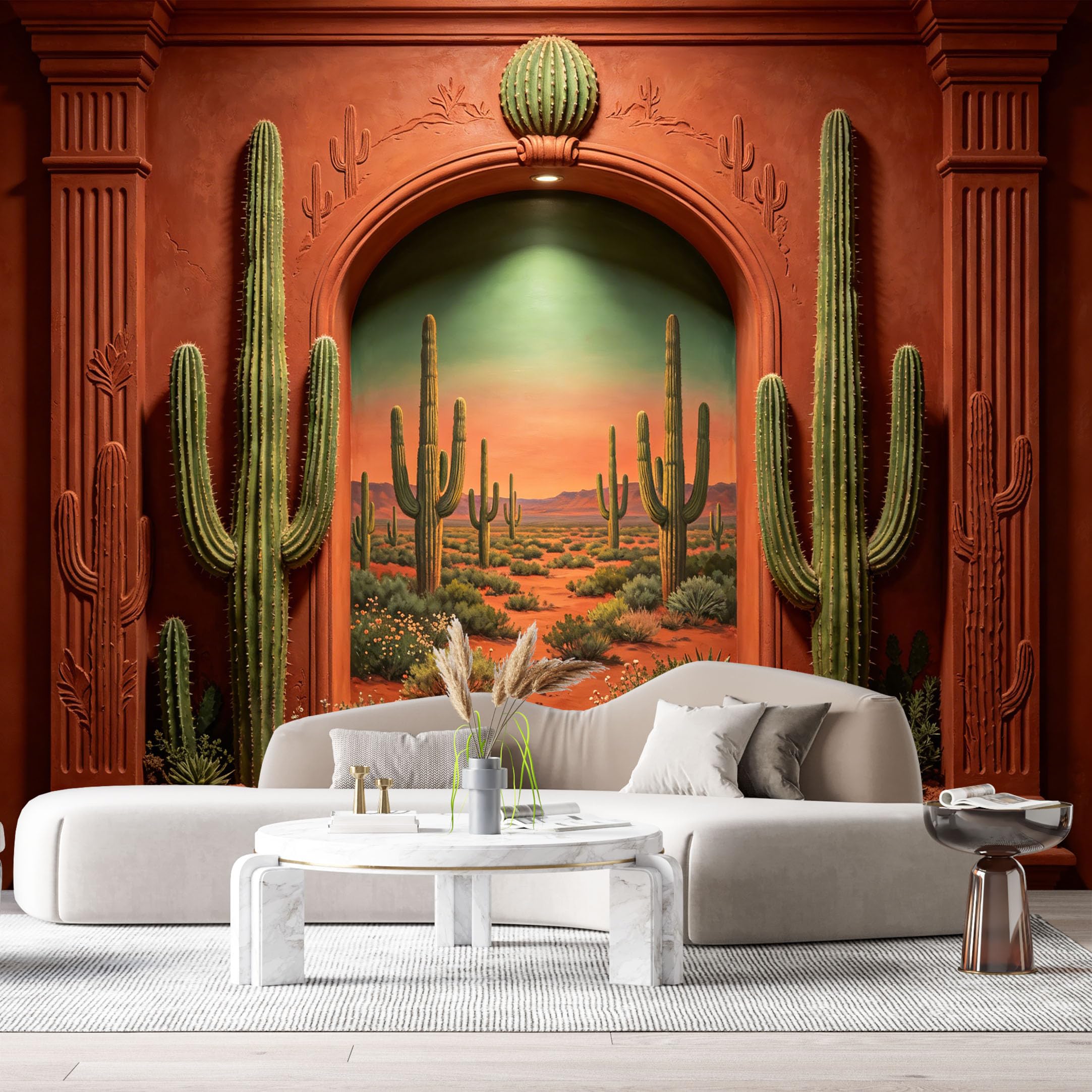 Custom Size Wall Murals Desert Archway Cactus Saguaro Oil Painting 3D Trompe L'Oeil SelfAdhesiveWall Fabric Removable Wallpaper Wall Decor for Living Room Bedroom Bathroom
