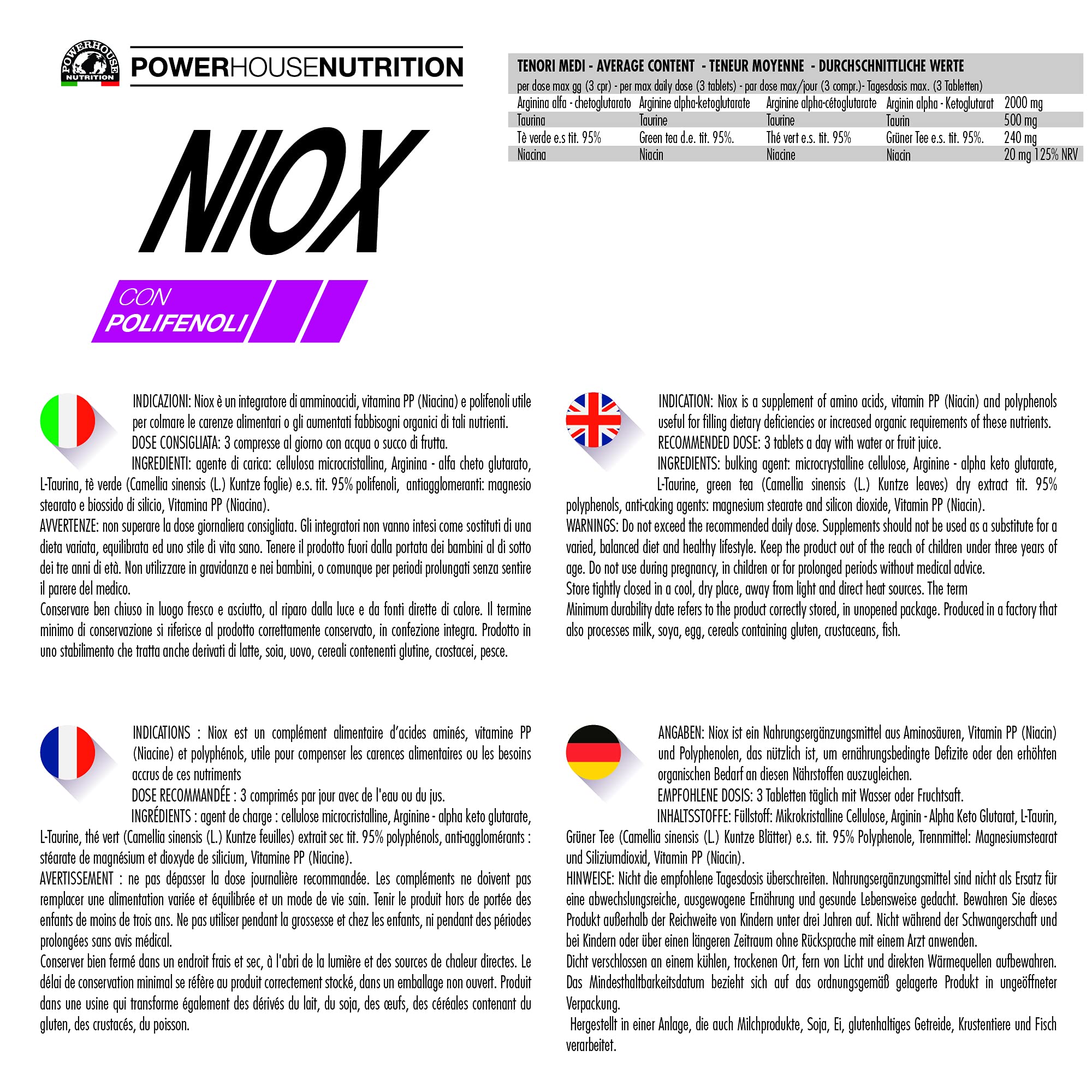 L-arginina - Ossido Nitrico, NIOX con Polifenoli Powerhouse Nutrition, Intregratore Acetil Cisteina, Tè verde e Taurina, Favorisce Vascolarizzazione, Definizone, Energia, Made in Italy, 90 Compresse