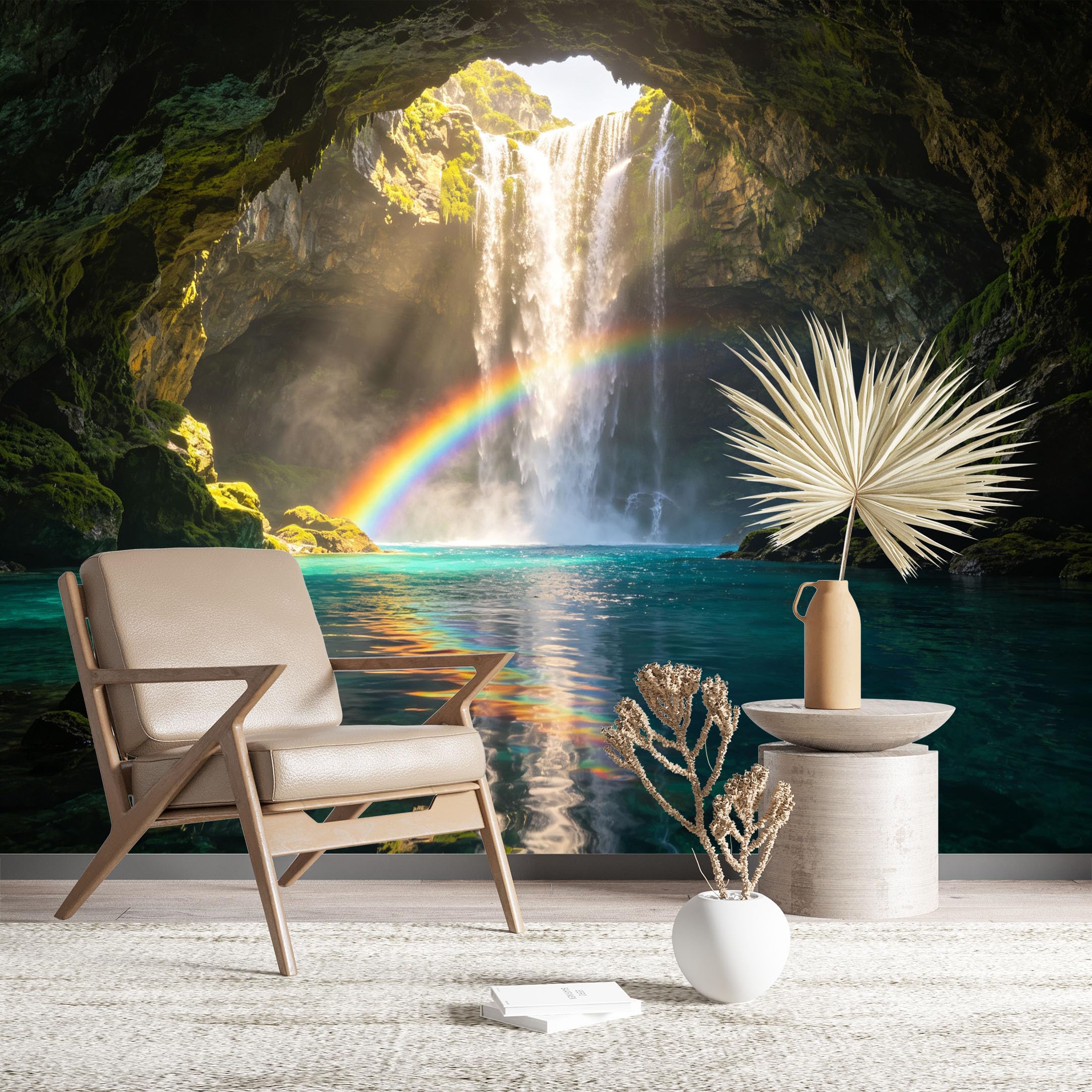 Custom Size Wall Murals Cave Waterfall with Rainbow Wall Murals Nature Wallpaper HD Self-Adhesive Removable Wallpaper for Living Room Bedroom