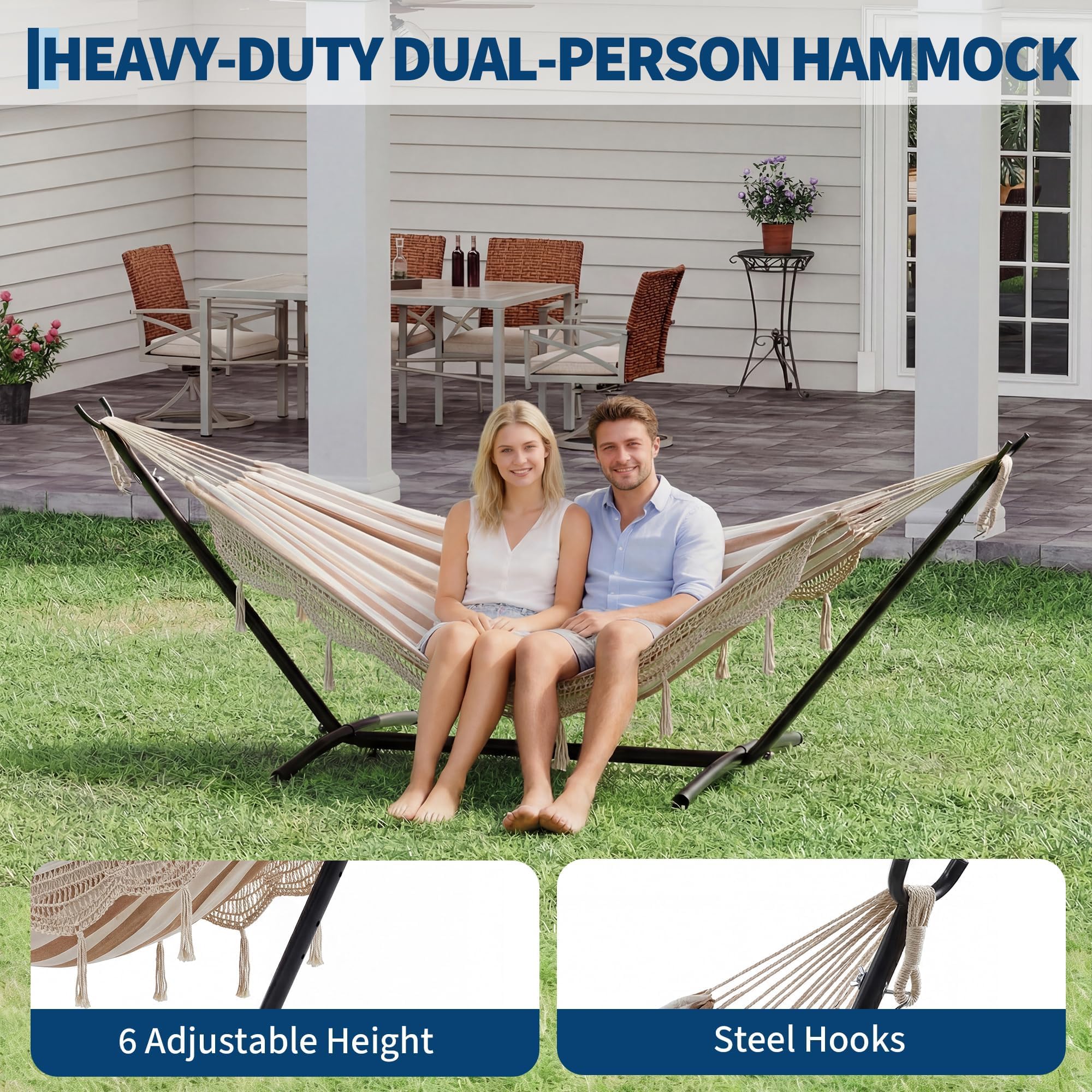 Garvee Hamaca Doble con Soporte de Acero 275cm, Cama de Algodón con Borlas Blancas, Diseño de Rayas Amarillas y Blancas, Capacidad 205kg, Hamaca Portátil y Resistente para Jardín, Terraza y Camping