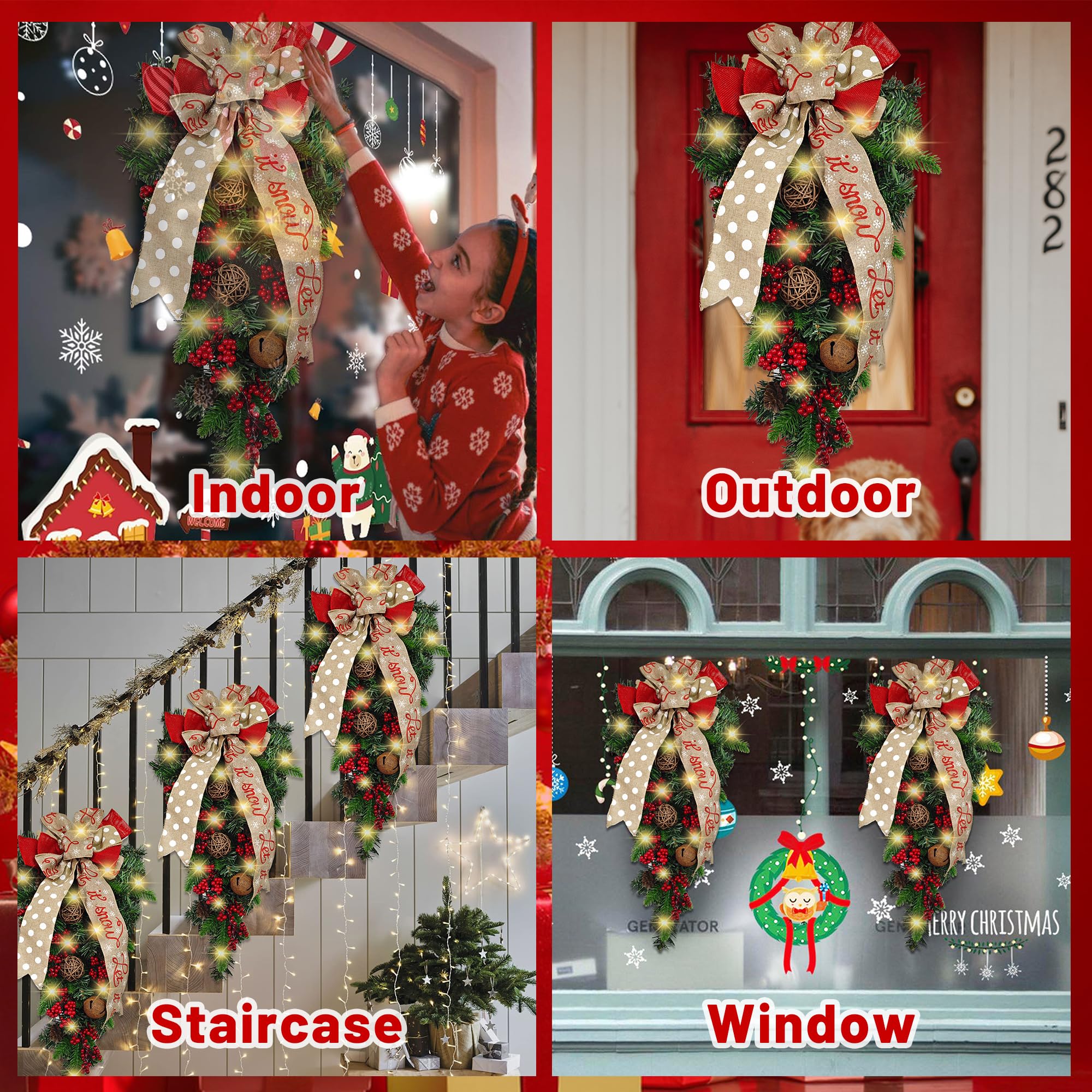 NewlyArt 24 inch Christmas Teardrop Swag with Fairy Lights, Battery